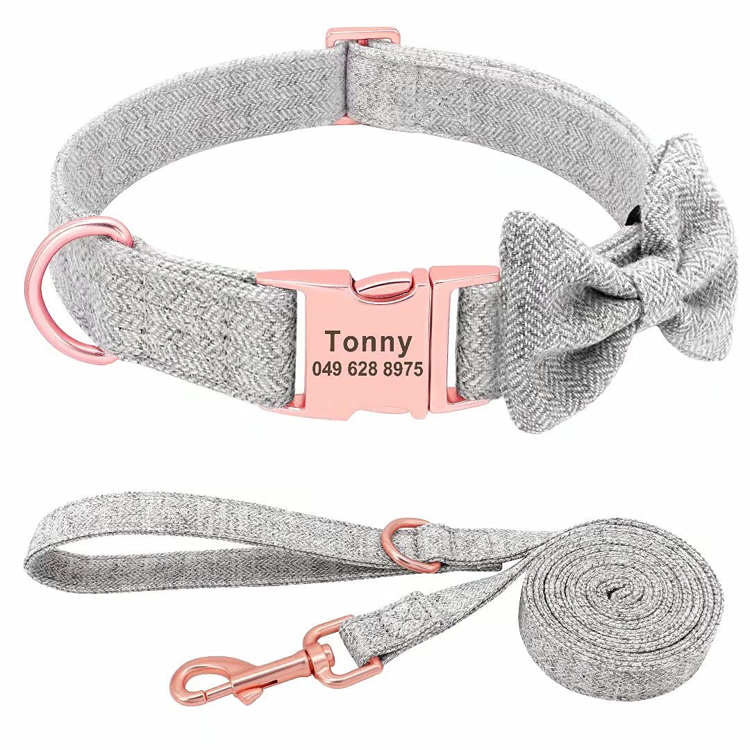 Personalized Pet Dog Collars with Detachable Bowtie - Soft & Comfortable Cute Dog Collar and Leash Set with Rose Gold Buckle - Adjustable Bowtie Collars for Small Medium Large Dogs, Gray - Perfect for Daily Walks, Pet Grooming & Special Occasions