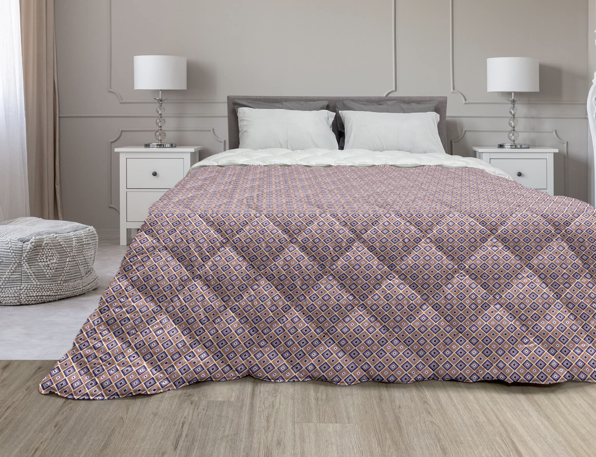 Ambesonne Fall Colors Down Alternative Comforter - Retro Halloween Groovy Themed Abstract Diagonal Squares Microfiber Quilt - All Season Twin Size Ivory Lavender Orange - Perfect for Dorm Room, Guest Bed & Seasonal Decor