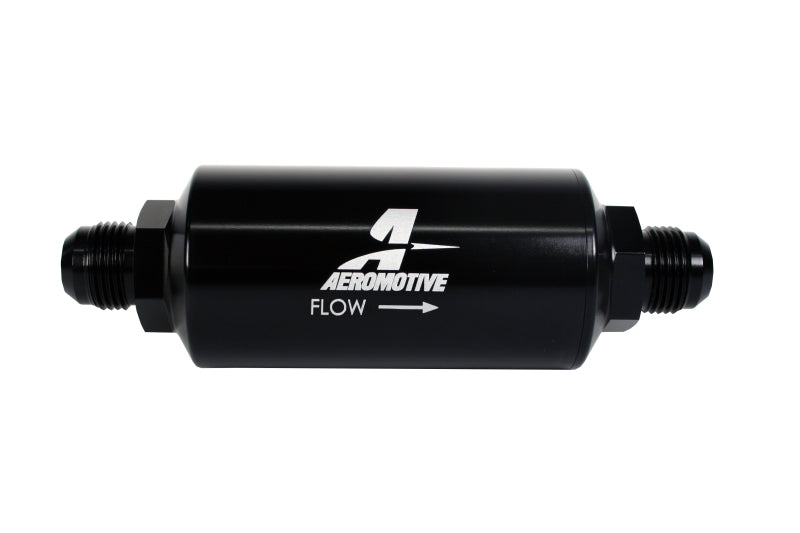 Aeromotive AN-10 Male Inline Fuel Filter - 40 Micron Stainless Steel Mesh Element with Bright Dip Black Finish for High Performance Racing & Automotive Fuel Systems