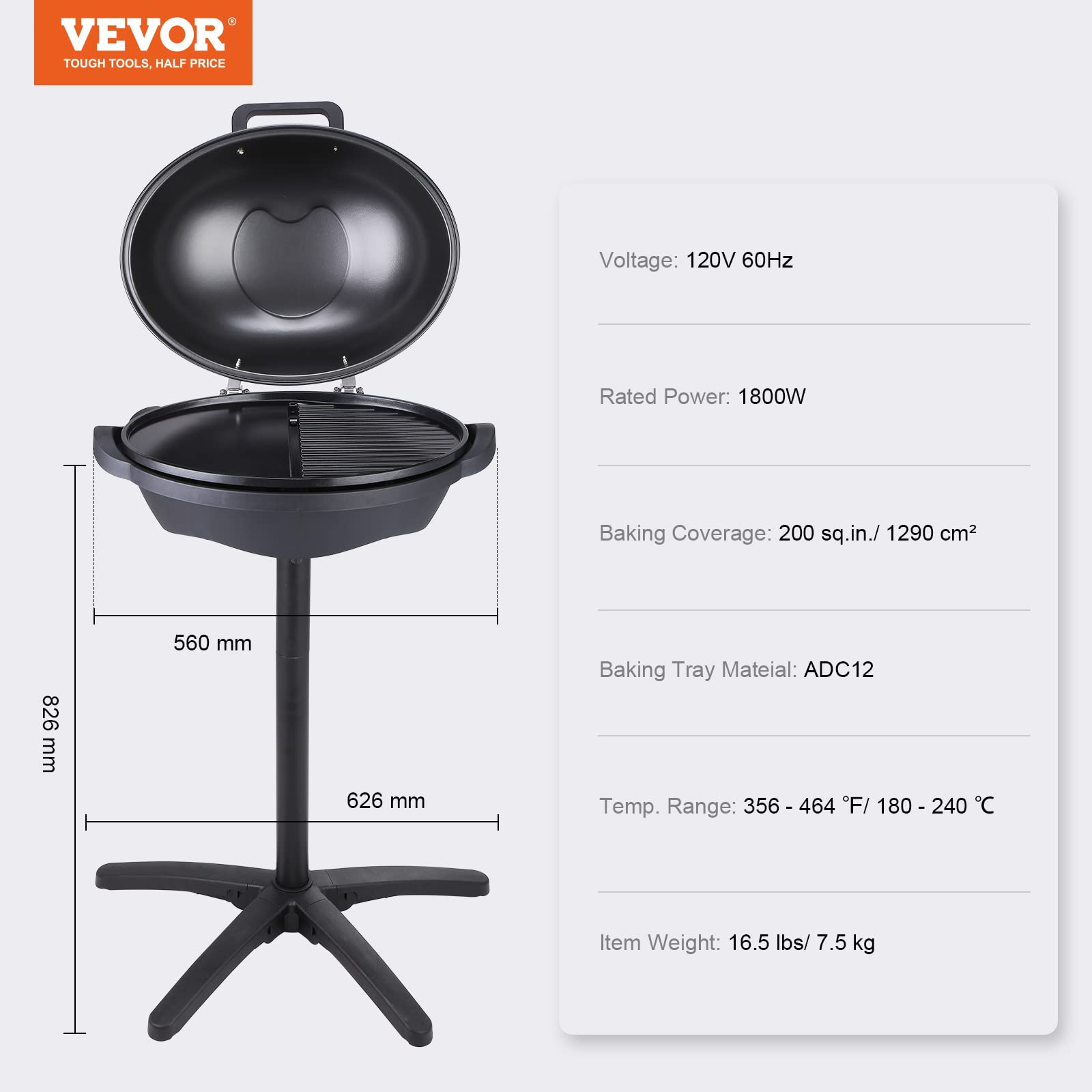 VEVOR 1800W Electric Grill for Indoor & Outdoor Use - 200 Sq.in Non-Stick Ceramic BBQ Grill with 2 Zone Cooking, Adjustable Temperature & Removable Stand - Perfect for Backyard Parties, Camping & Patio Dining