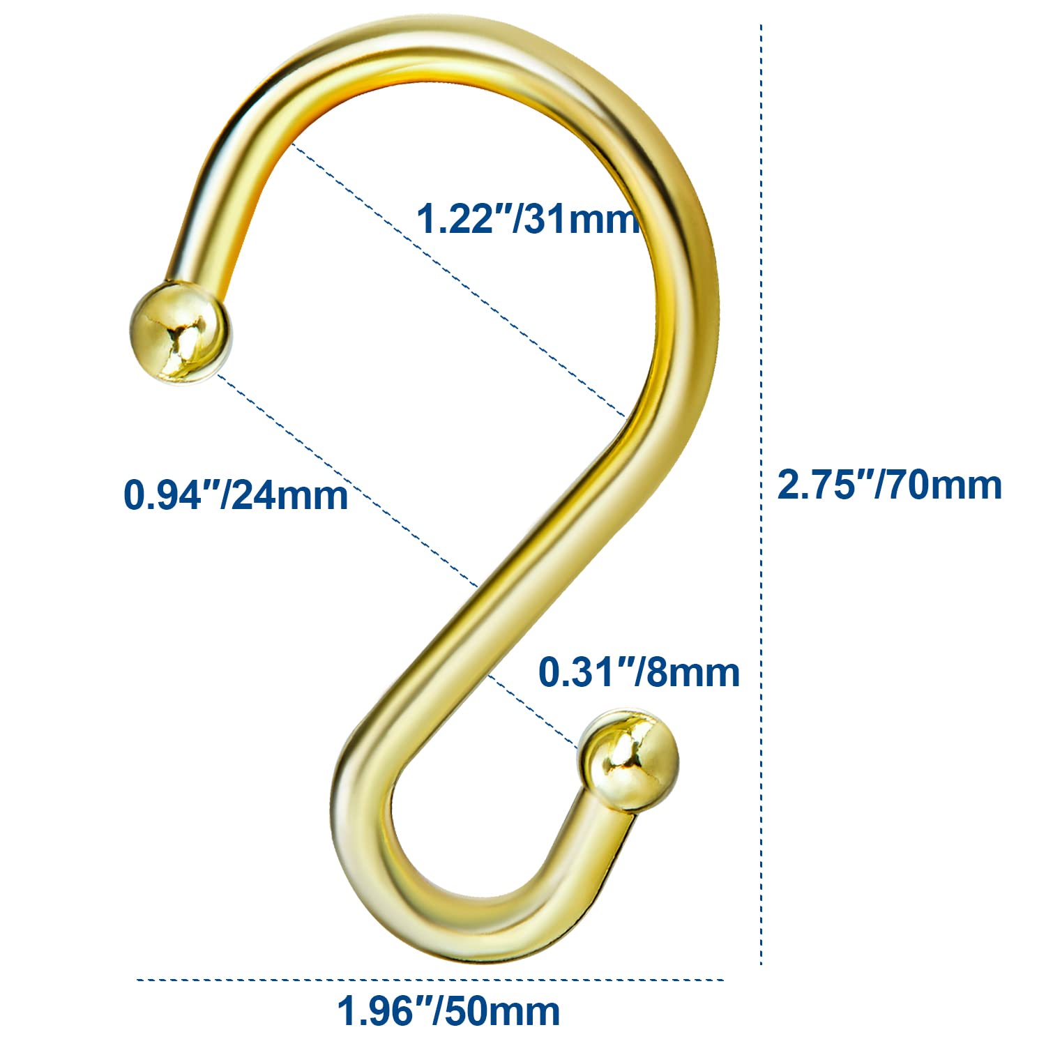 Stainless Steel S-Shaped Shower Curtain Hooks - Rust-Proof Metal Rings for Bathroom, Kitchen, Wardrobe & Garden - Gold (Set of 12) - Perfect for Hanging Shower Curtains, Organizing Clothes & Decorating Outdoor Spaces