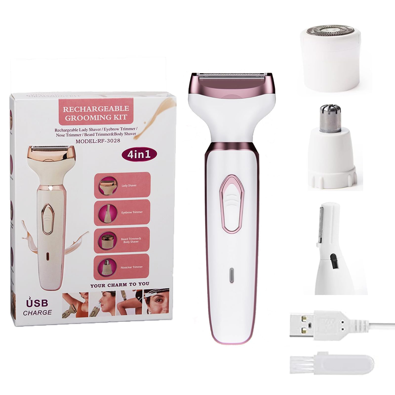 4-in-1 Electric Bikini Trimmer for Women - Painless Pubic, Body & Facial Hair Remover | Waterproof & USB Rechargeable Lady Shaver for Underarms, Legs & Nose | Perfect for Travel, Gym & Sensitive Skin Care