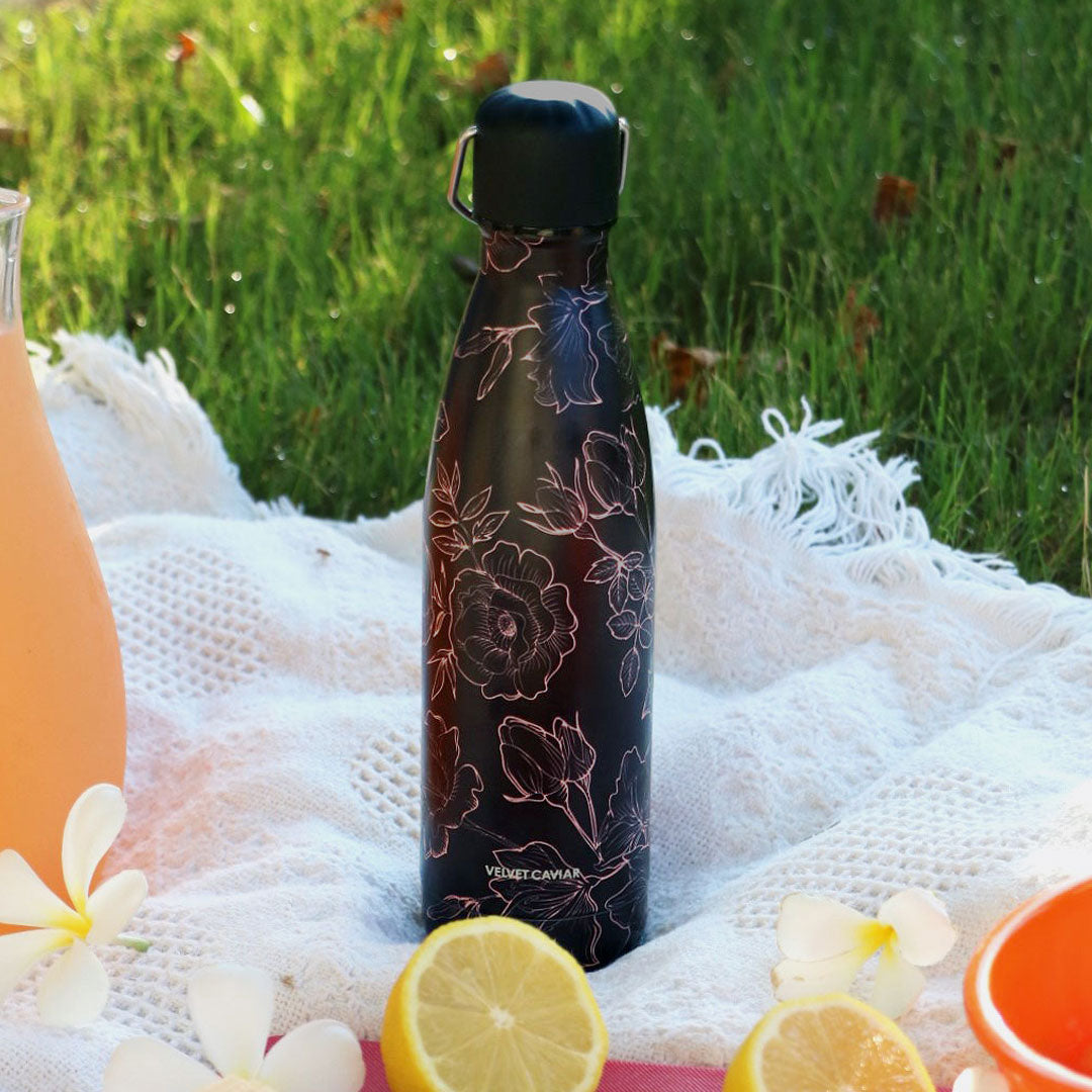 Floral Rose Gold Insulated Water Bottle - 24oz Leakproof Stainless Steel Tumbler for Women, Gym, Office & Outdoor Activities