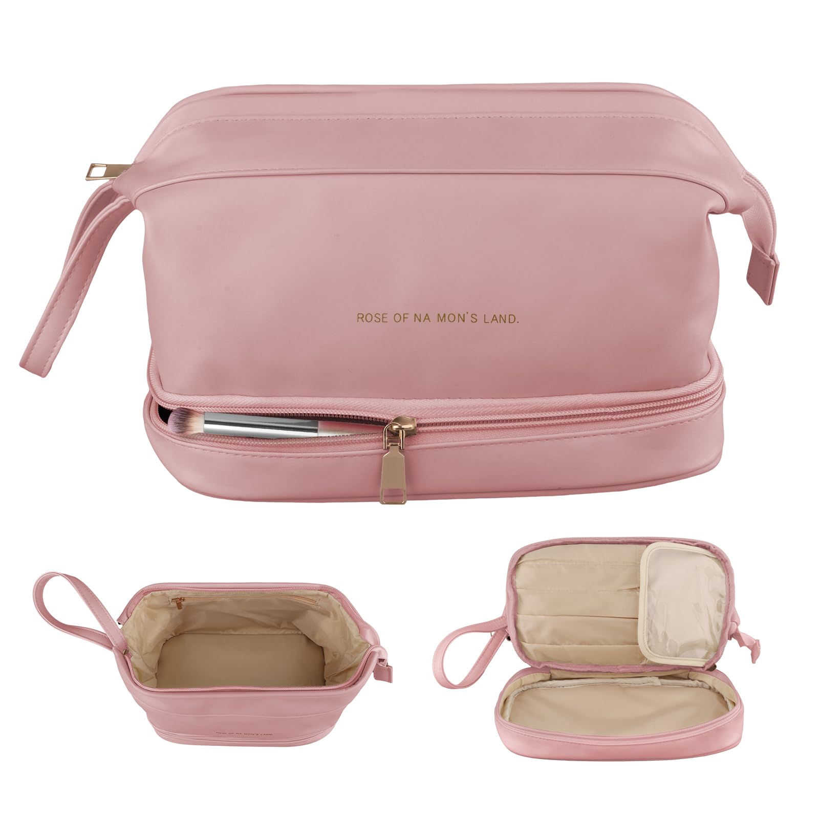 Women's Travel Cosmetic Bag - Double Layer Leather Makeup Organizer with Brush Compartments | Large Pink Toiletry Bag for Girls | Perfect for Air Travel, Vacation & Gym Essentials