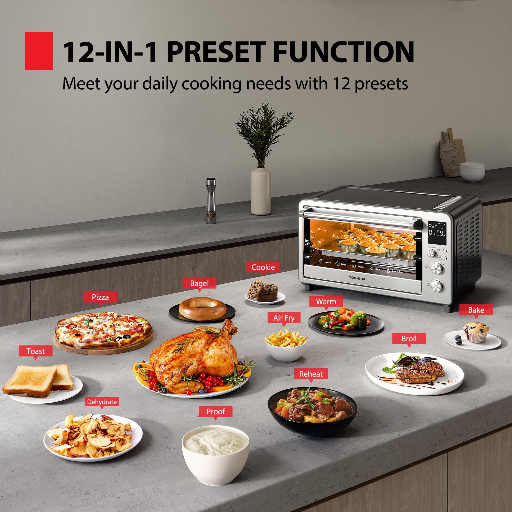 TOSHIBA ChefFry 26.4QT Large Air Fryer Toaster Oven Combo - 12-in-1 Countertop Convection Oven with Stainless Steel Finish - Perfect for Baking, Roasting, Broiling & Air Frying - Ideal for Small Kitchens, Dorms & RV Cooking