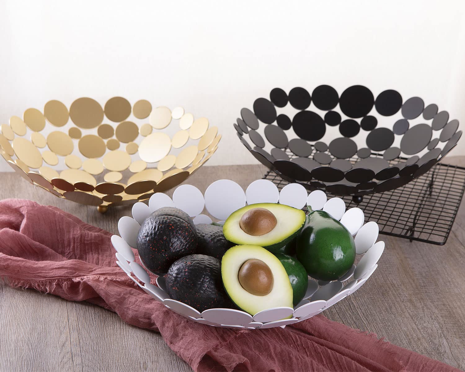 Modern Gold Metal Fruit Bowl - Large Round Kitchen Basket for Fruits, Vegetables, Bread, Candy & Nuts - Elegant Home Decor & Dining Table Centerpiece