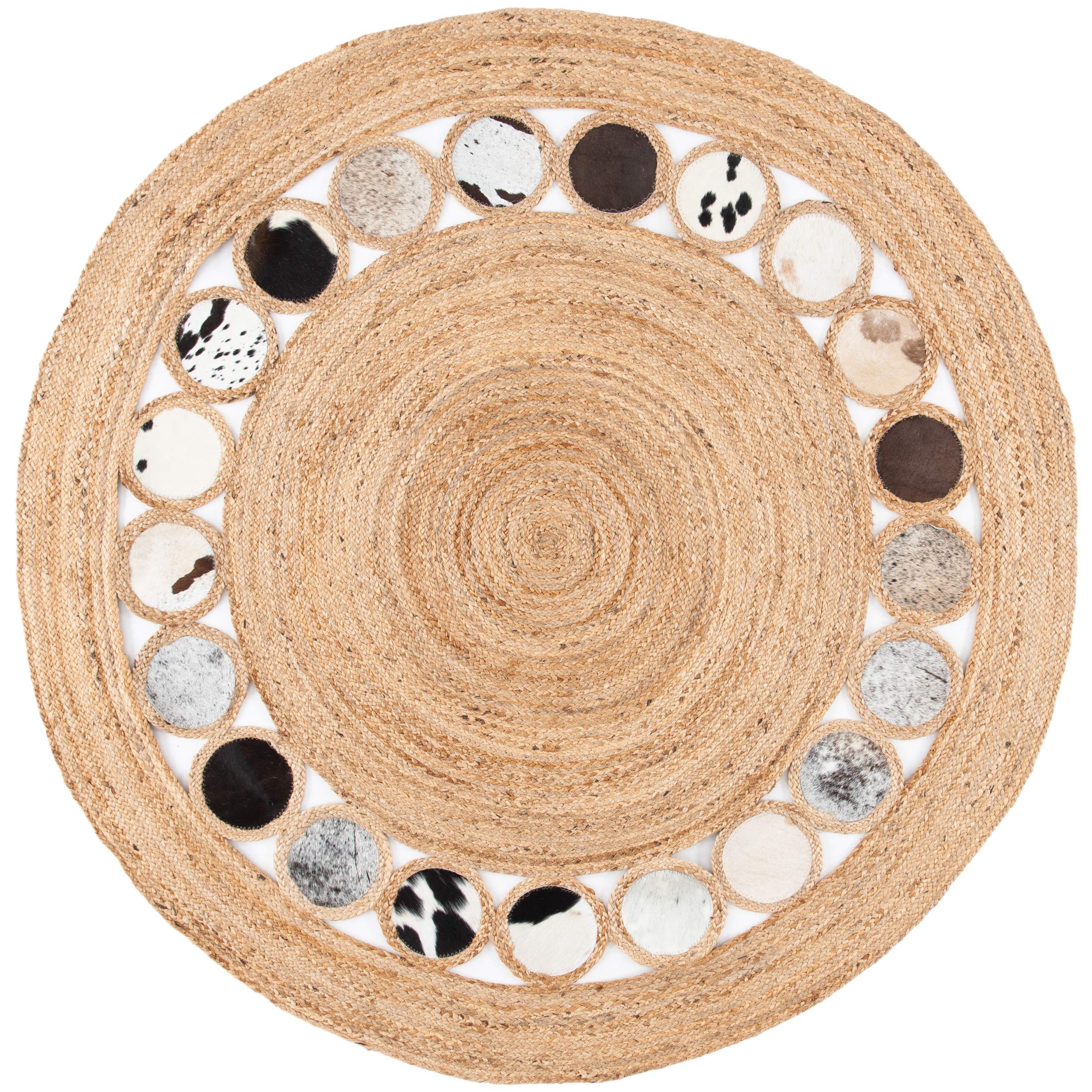 SAFAVIEH Natural Fiber Round Collection 6' Round Beige/Silver NF370G Handmade Boho Woven Jute & Leather Area Rug - Perfect for Boho Chic Living Rooms, Bedrooms & Home Decor