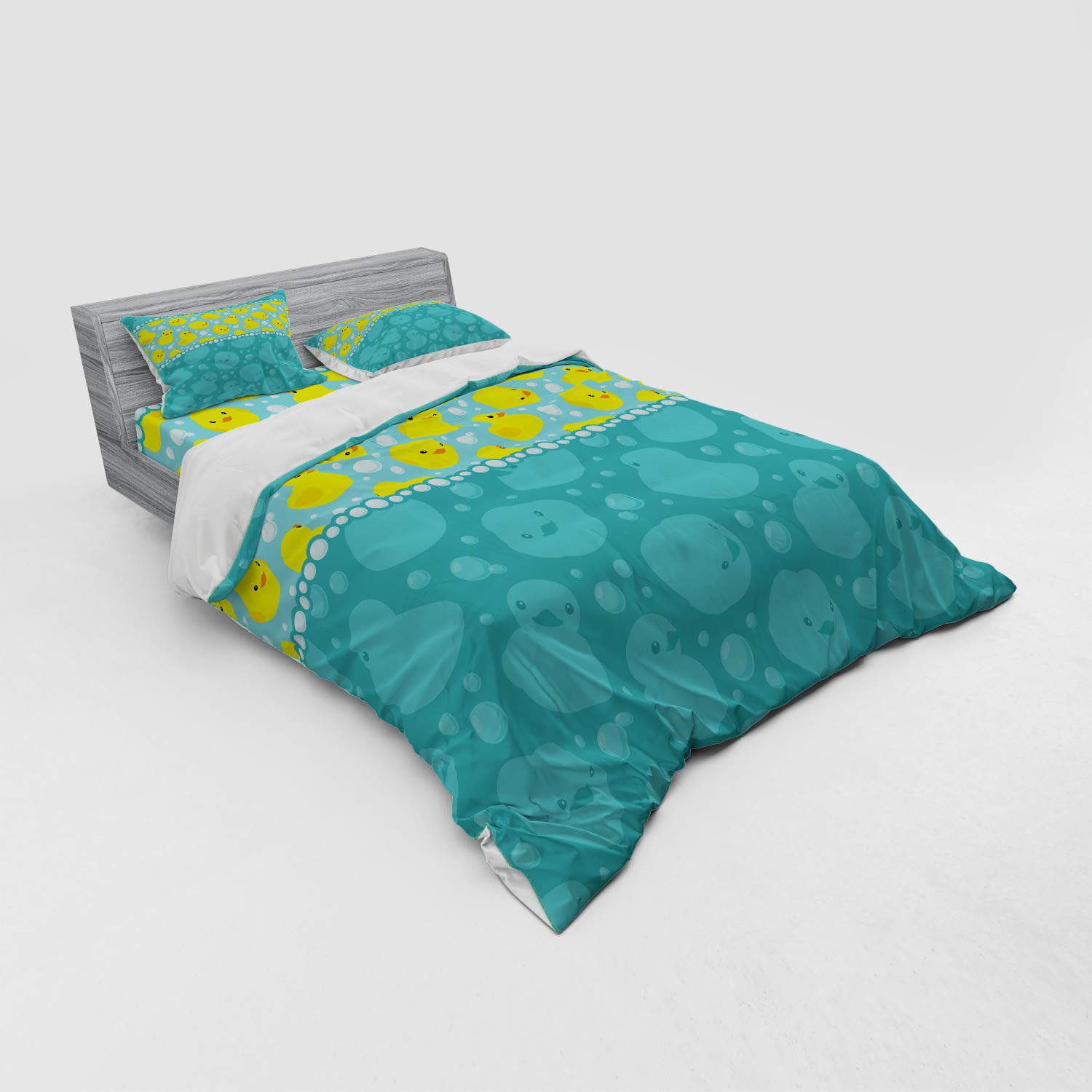 Ambesonne Rubber Duck Duvet Cover Set - Yellow Cartoon Duck Swimming Water Pattern with Bubbles, 4-Piece Queen Size Bedding Set with Shams & Fitted Sheet in Teal Blue - Fun Kids Room Decor, Nursery Bedding, Bathroom Themed Bedroom Accessories