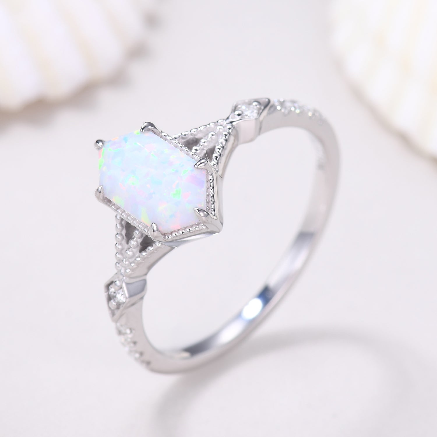 Vintage Art Deco Hexagon Cut White Opal and Diamond Engagement Ring for Women - Elegant Wedding Band, Anniversary Gift, Unique Promise Ring for Brides