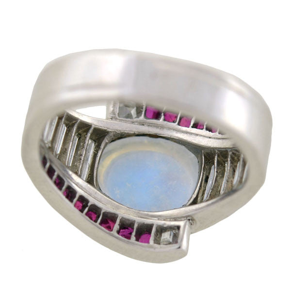 Vintage Platinum Moonstone, Diamond & Ruby Ring for Women – Elegant Jewelry Gift for Anniversary, Engagement & Special Occasions