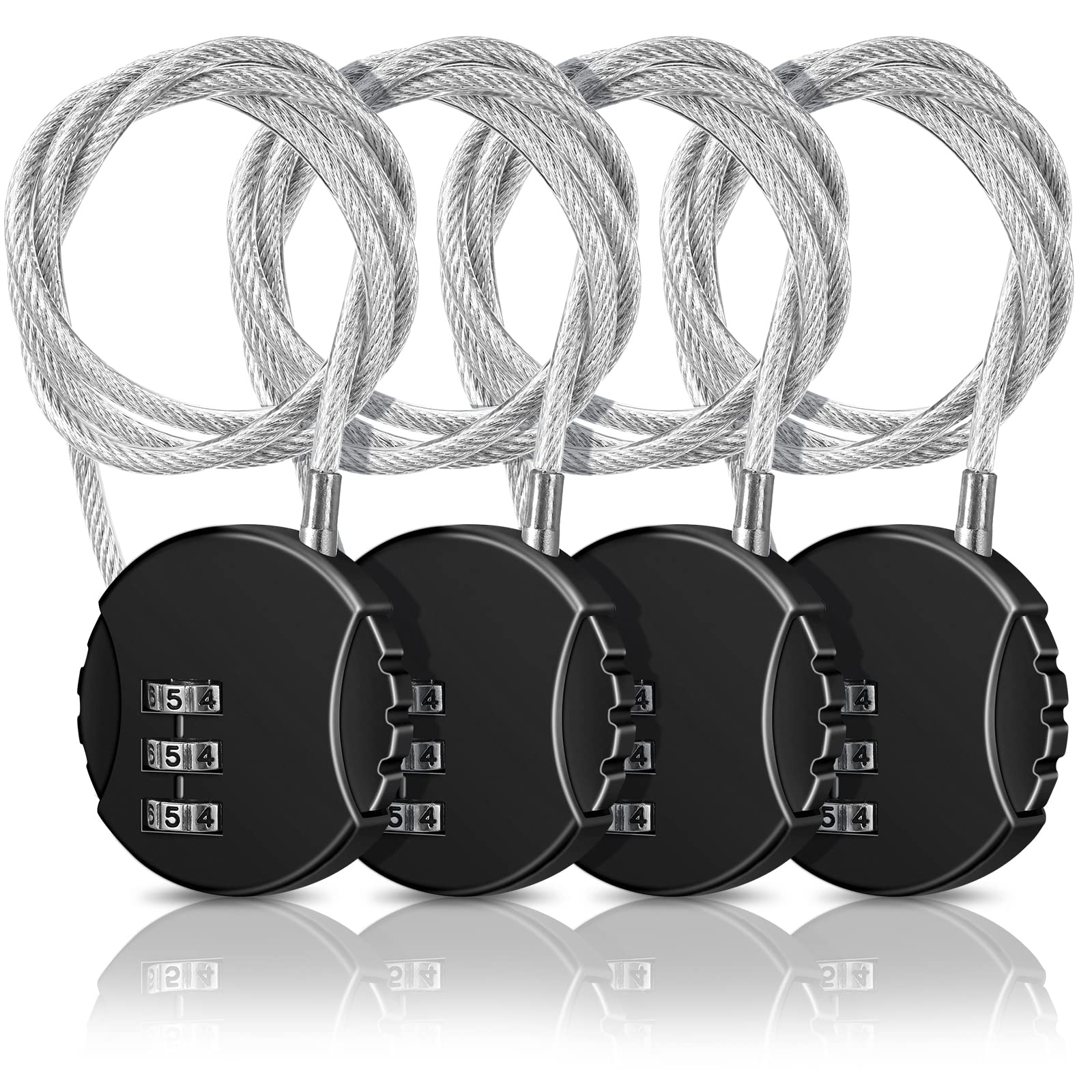 4-Pack 3-Digit Combination Lock - Waterproof Gym Padlock with Cable for Luggage, Backpacks, Lockers, Bikes & More - Secure Zippers, Helmets, Fence Doors & Sports Equipment (Black) - Ideal for Travel, Gym, School & Outdoor Activities