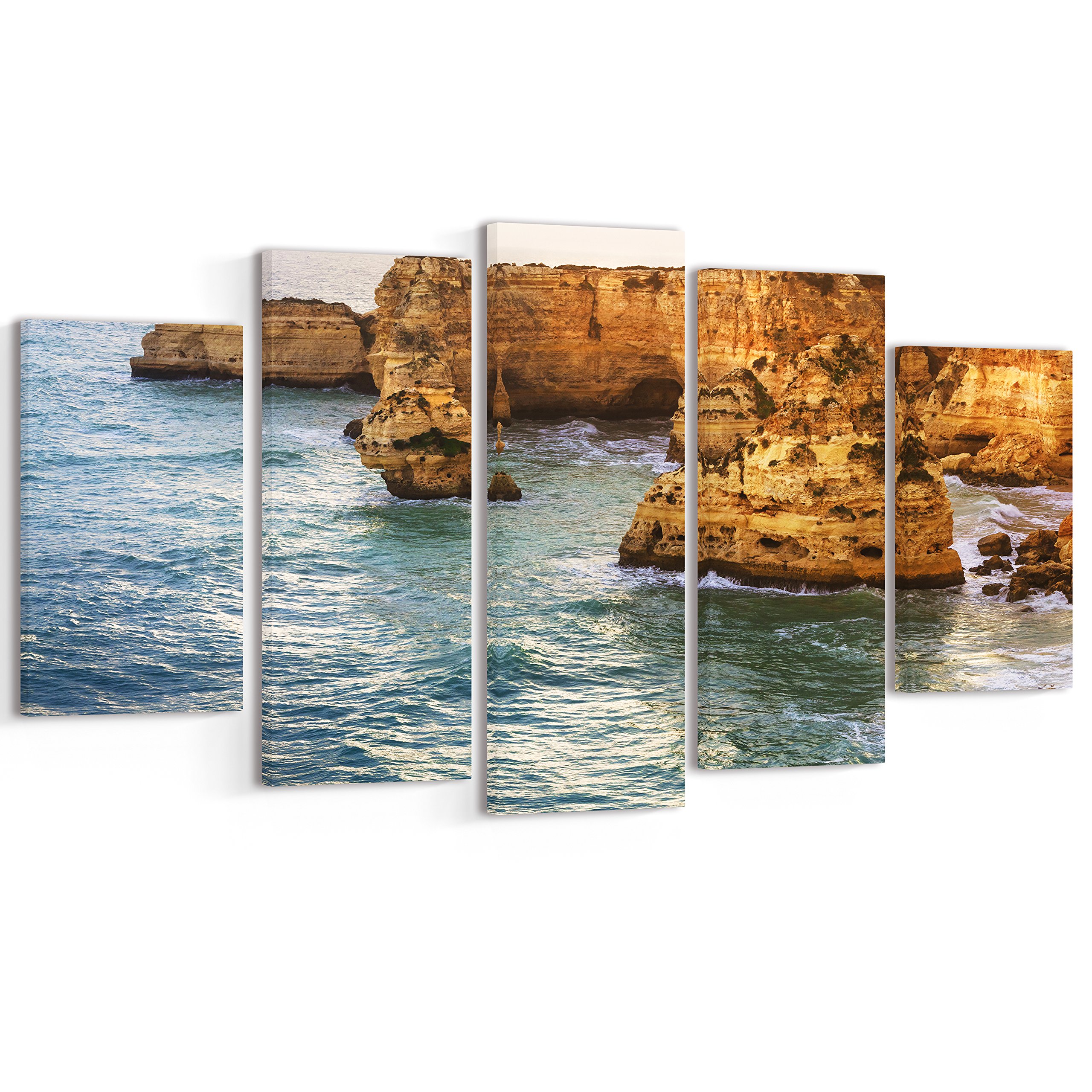 Designart Golden Rocks and Beach at Algarve - Extra Large Seashore Canvas Wall Art Print for Living Room, Bedroom & Office Decor