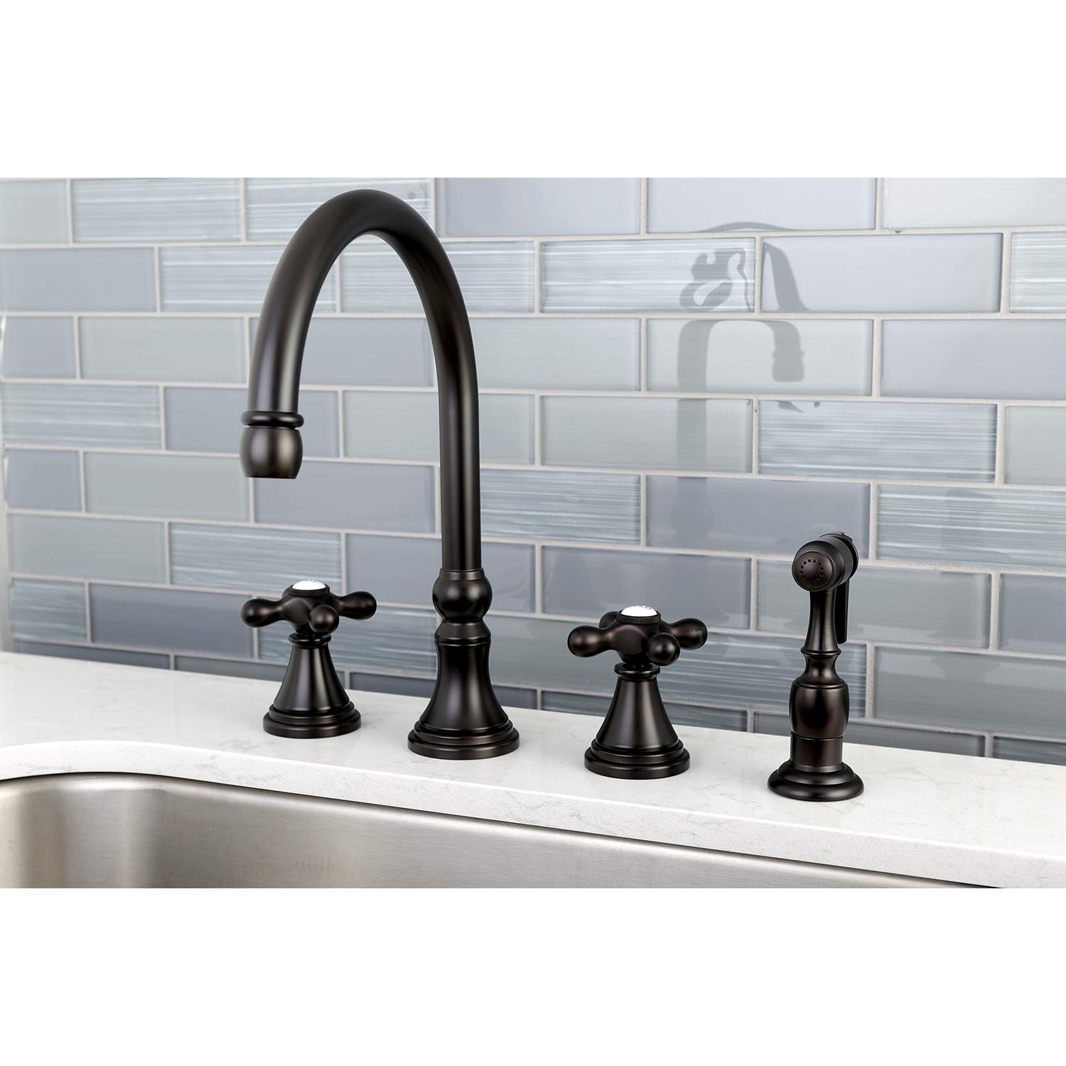 Kingston Brass KS2795AXBS Governor 8-1/4-Inch Deck Mount Kitchen Faucet with Brass Sprayer in Oil Rubbed Bronze - Perfect for Modern Farmhouse & Industrial Style Kitchens
