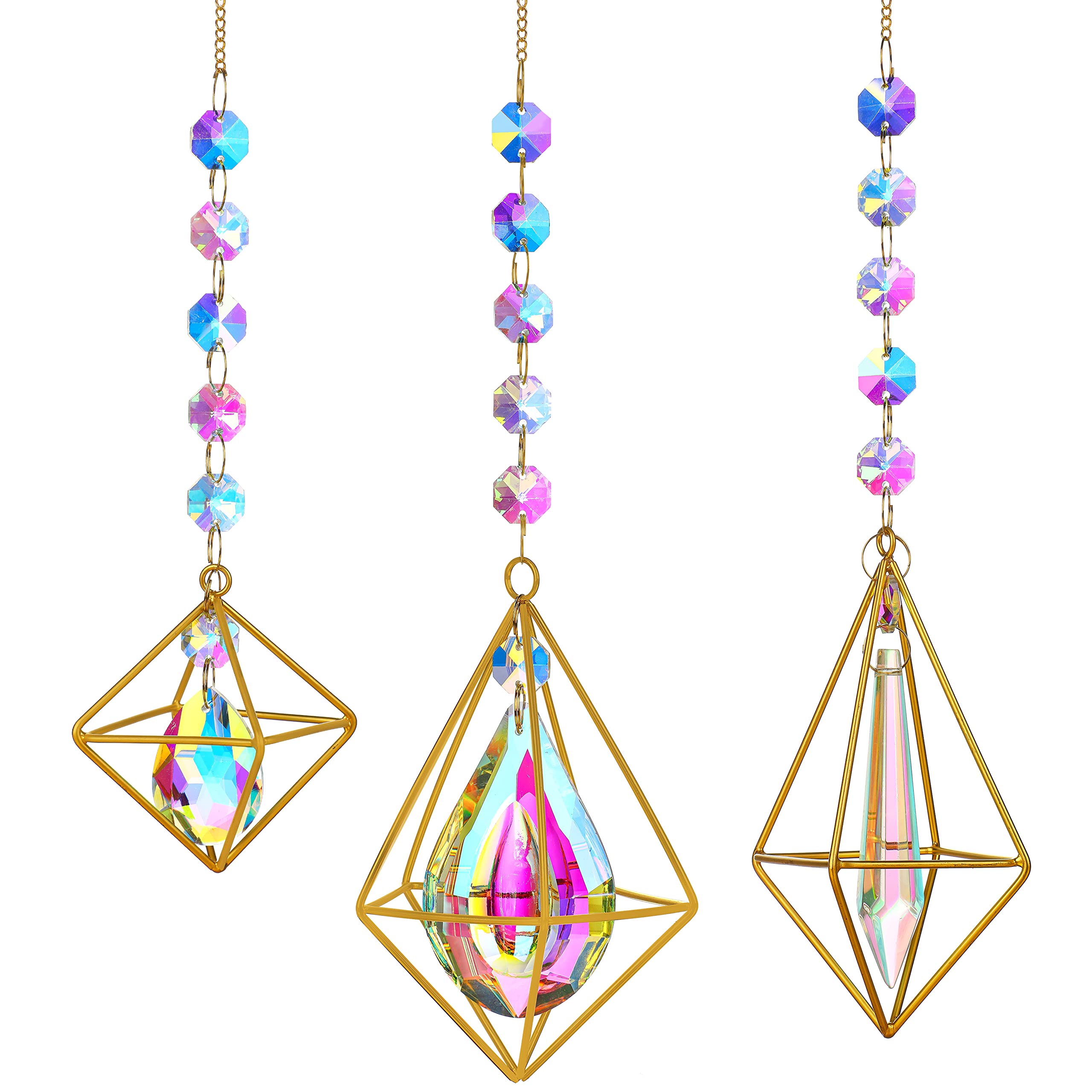 Golden Plated Sun Catcher with Swarovski Crystals - 3 Pack Window Hanging Prisms for Rainbows - Elegant Suncatcher Chandelier & Wind Chime for Garden, Bedroom, and Outdoor Decor - Perfect Gift for Home & Wedding