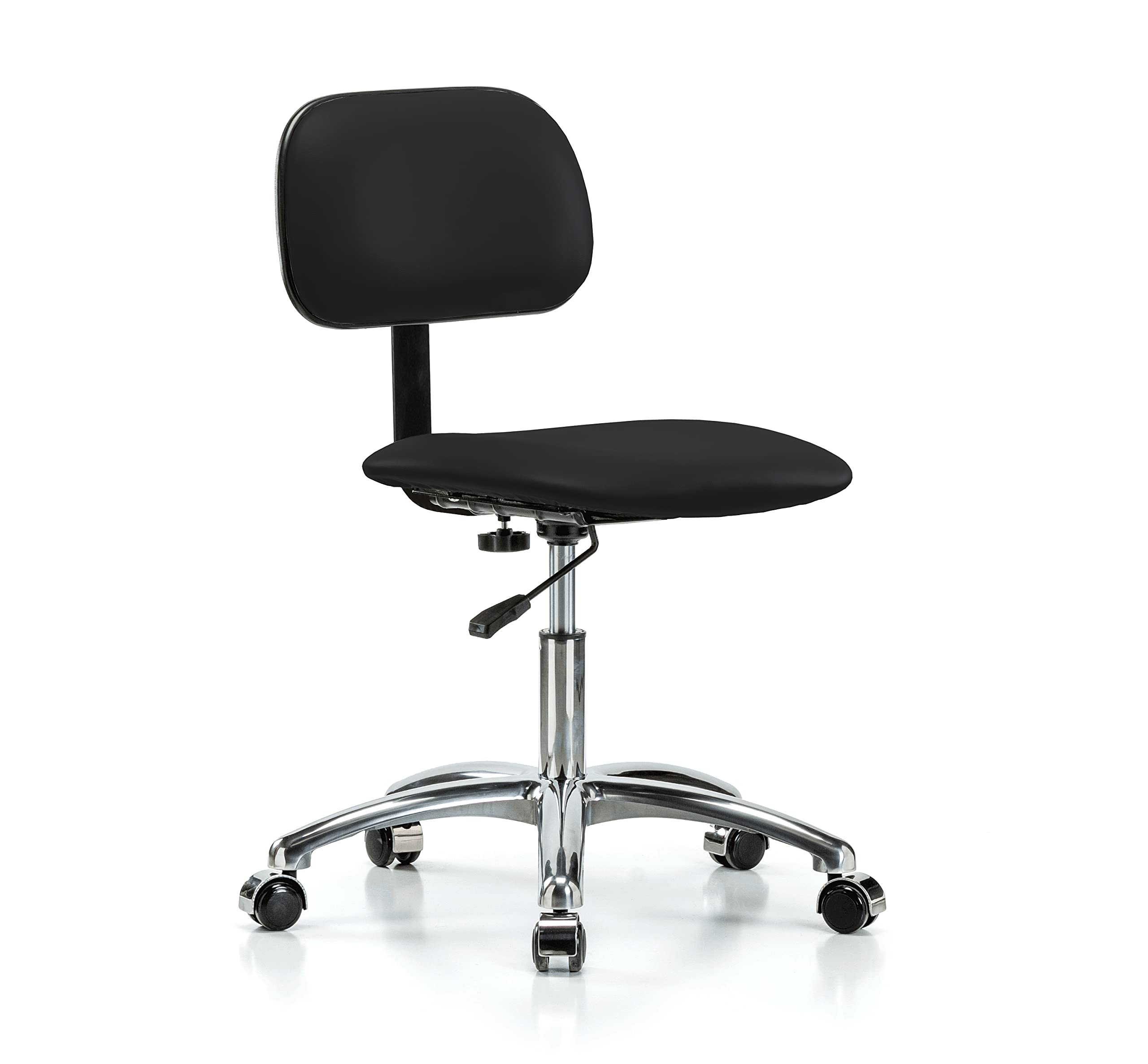 Adjustable Black Vinyl Rolling Lab Chair for Hardwood & Tile Floors - Perch Chrome Stool with Basic Backrest - Perfect for Home Office, Classroom, or Laboratory Use