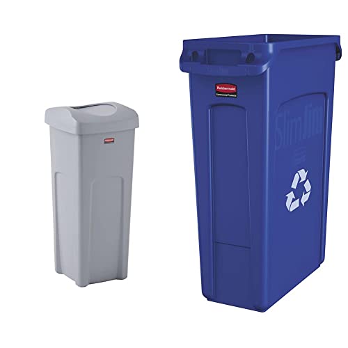 Rubbermaid 23 Gallon Slim Jim Plastic Rectangular Recycling Bin with Venting Channels & Lid - Blue & Gray Trash Container for Office, Kitchen, Garage Waste Management (FG354007BLUE)