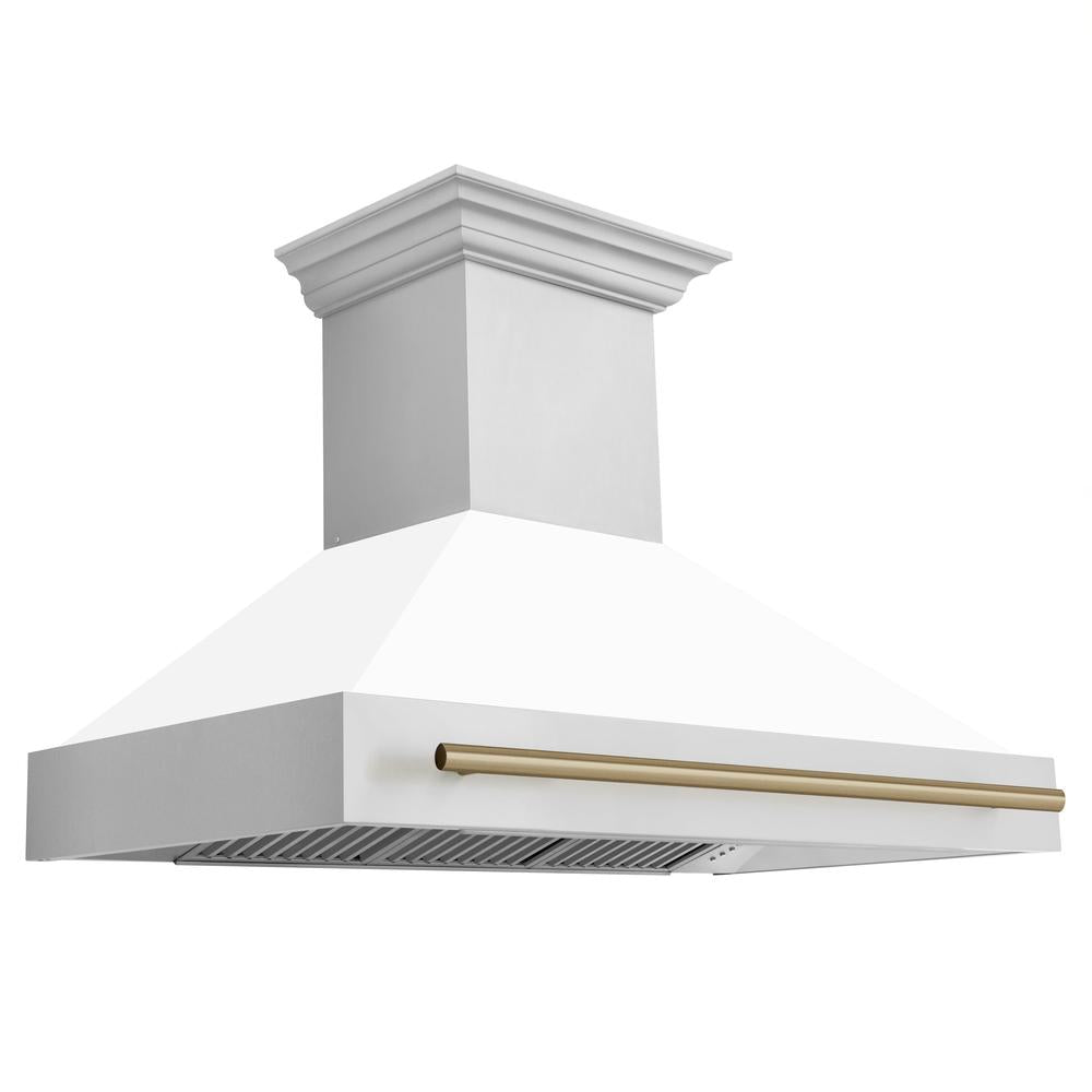 ZLINE Autograph Edition 48-inch Stainless Steel Dual Fuel Range with White Matte Door & Range Hood - Champagne Bronze Accents (2AKP RAWMRH48 CB) | Professional Kitchen Package for Modern Homes & Gourmet Cooking