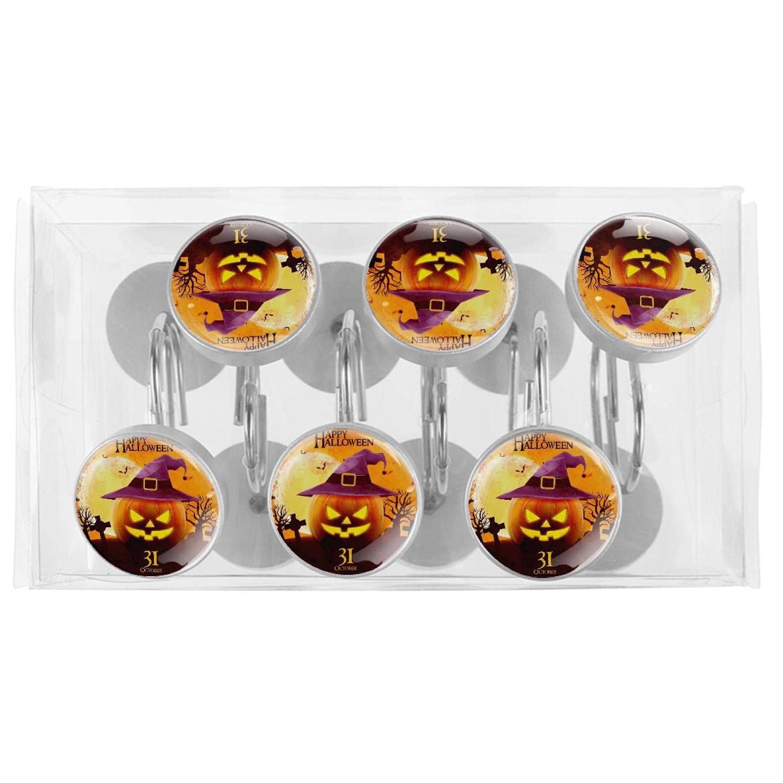LORVIES Happy Halloween Smiling Pumpkin Shower Curtain Hooks - Set of 12 Stainless Steel Rust-Resistant Bathroom Hangers for Kids Room & Home Decor | Perfect for Halloween Party Decorations & Themed Bathroom Accessories