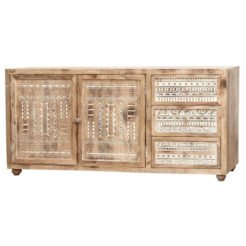 Hand Carved French Style Sideboard - Natural Wood Finish Antique Credenza | Vintage Home Decor for Dining Room & Living Room