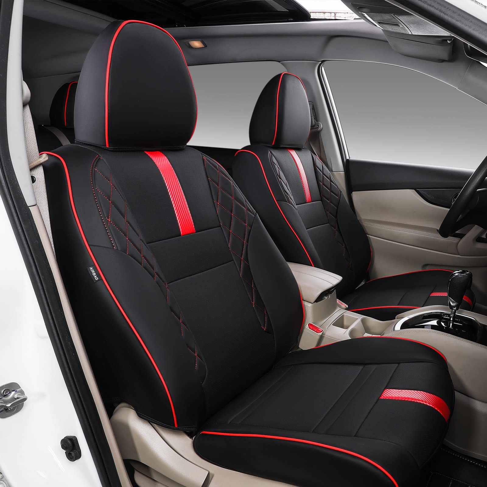 Premium PU Leather Seat Covers for 2014-2020 Nissan Rogue - Front & Back Custom Fit Car Seat Protectors (Black & Red) | Durable & Stylish Interior Upgrade for Daily Commute & Road Trips