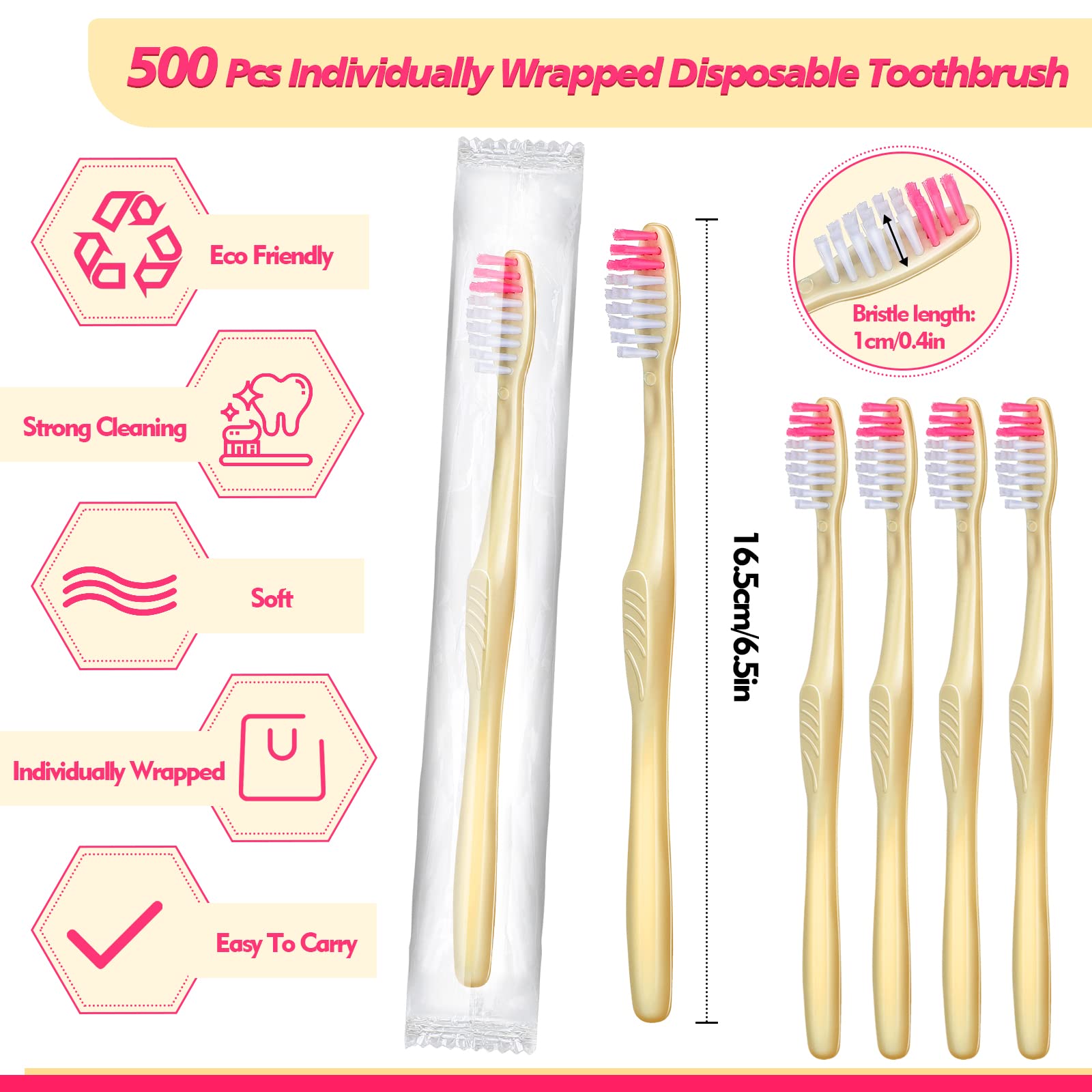 500 Pack Disposable Toothbrushes Individually Wrapped - Soft Bristle Travel Toothbrush Bulk Set for Adults - Oral Hygiene, Dental Care, Camping, Hotels, Guest Rooms (Yellow) | Perfect for Travel, Emergency Kits & Hospitality Use