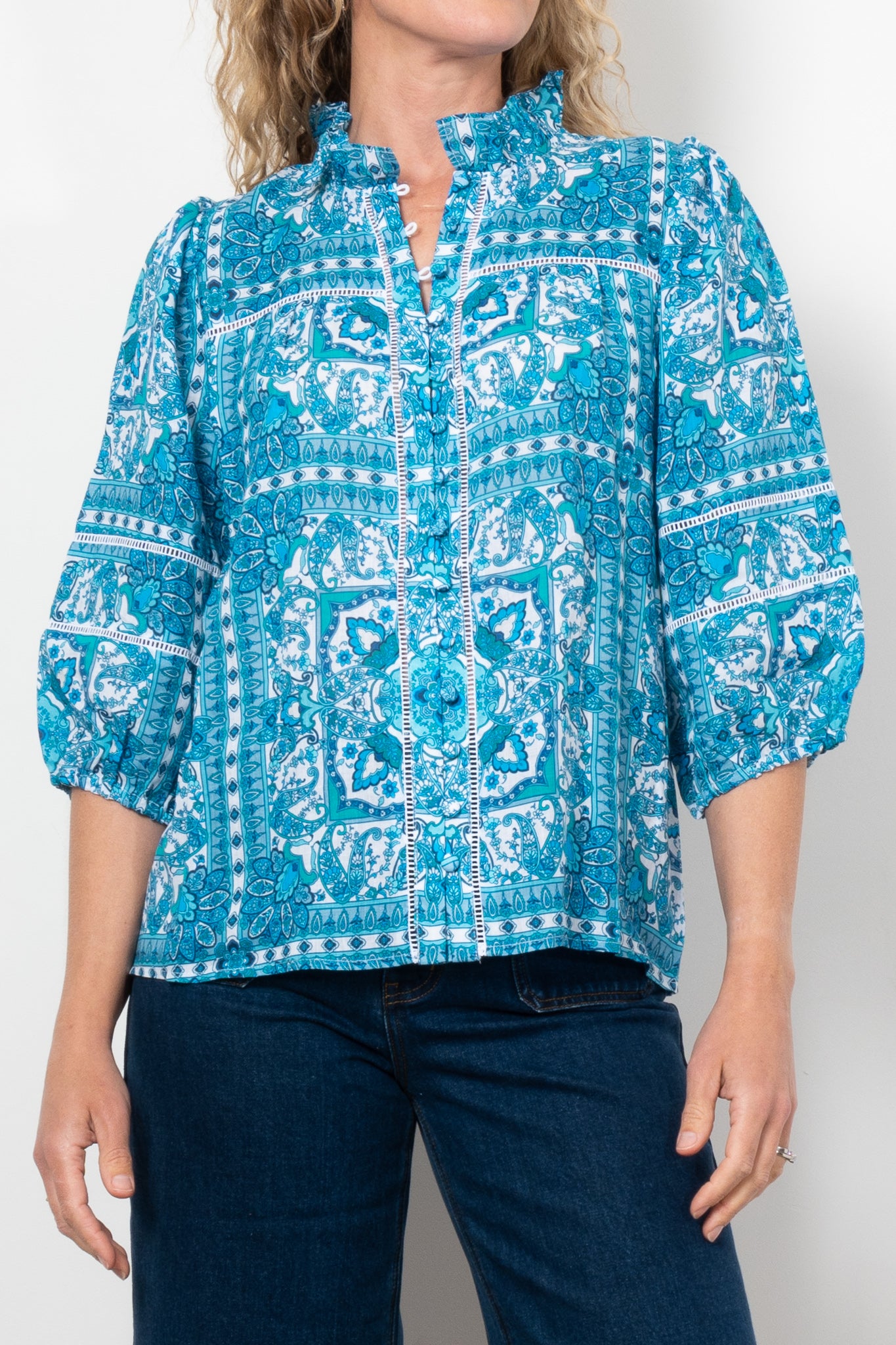 Zoe Kratzmann Wayfarer Top - Women's Fashion Blue Tile Print Blouse for Casual Wear, Office & Date Night Outfits