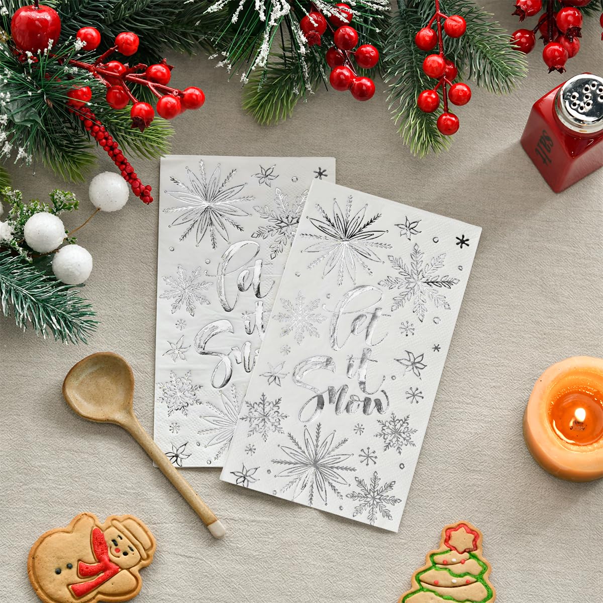 Horaldaily 100 Christmas Disposable Paper Napkins - Let It Snow White with Silver Foil - Decorative Guest Hand Towels for Holiday Parties, Lunches, Dinners, Kitchen & Bathroom - Perfect for Christmas Gatherings, Office Celebrations and Festive Home Decor
