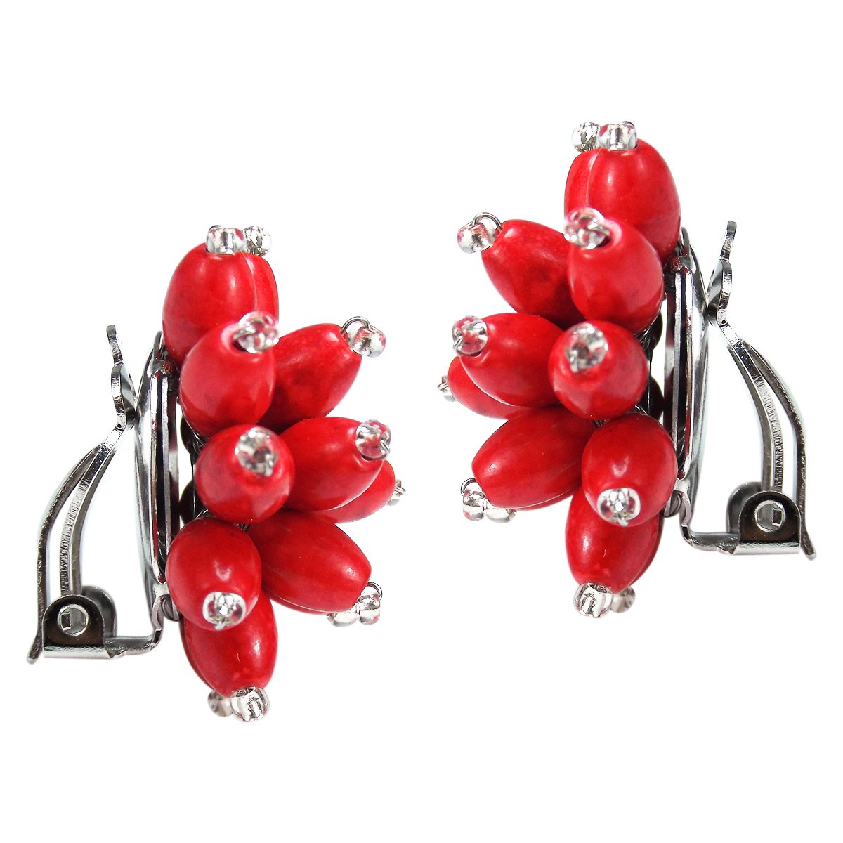 AeraVida Reconstructed Red Coral Chrysanthemum Floral Clip-On Earrings for Women | Handmade Flower Jewelry | Elegant Dangle Earrings for Party, Wedding & Special Occasions