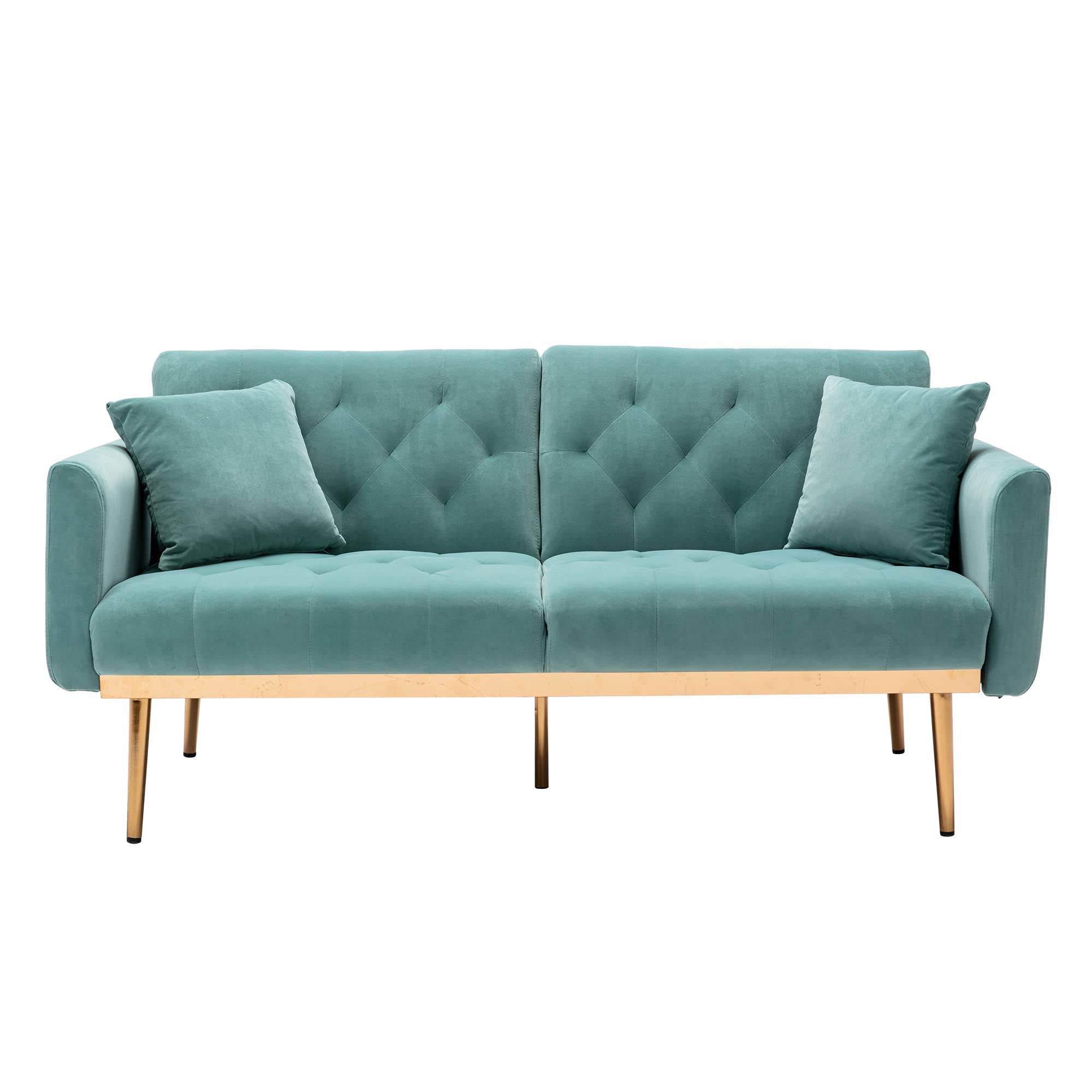 Modern Velvet Tufted Convertible Sofa Bed with Adjustable Backrest - Light Blue Folding Futon Loveseat with 5 Gold Metal Legs & 2 Pillows | Living Room, Guest Room & Small Space Furniture for Apartments