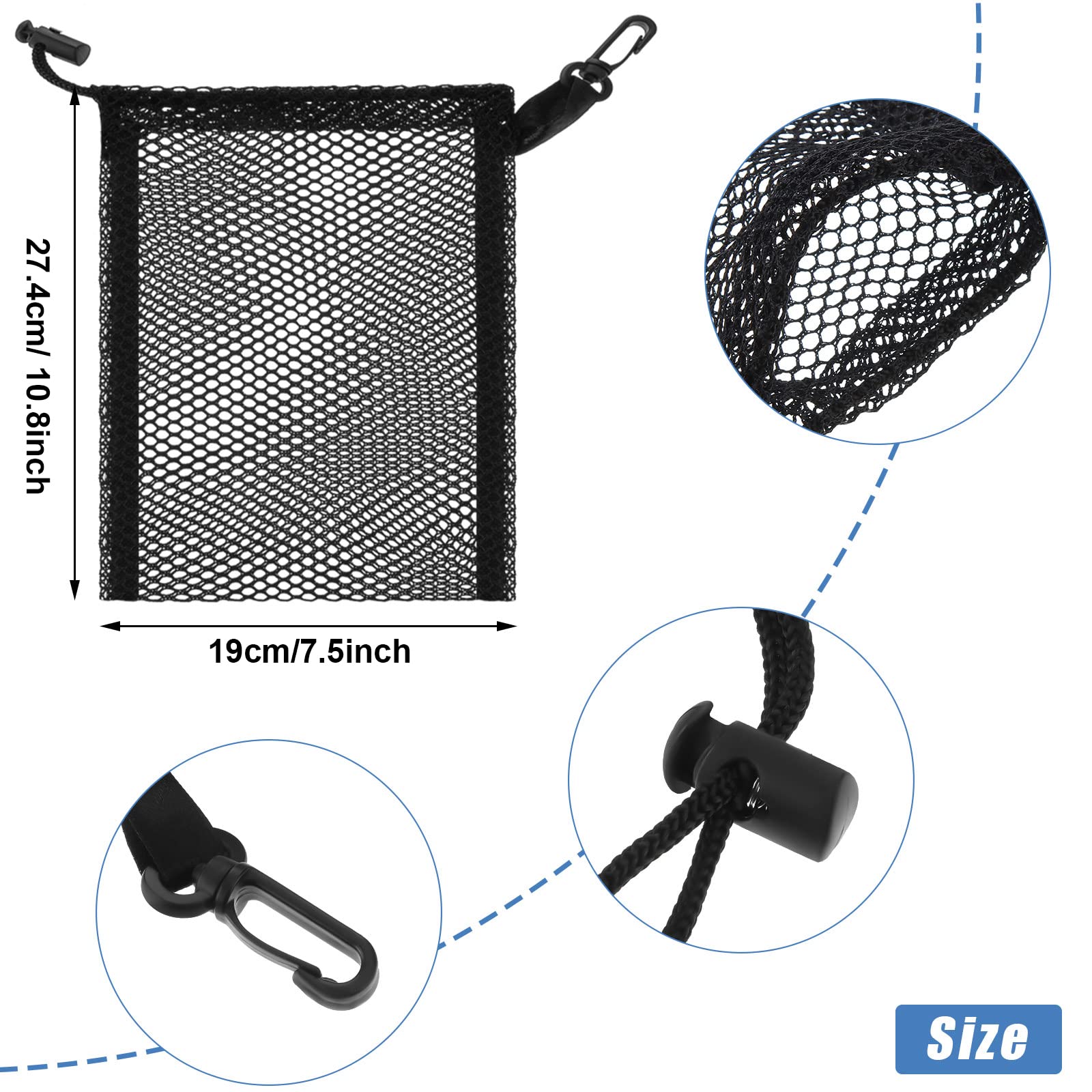 8-Piece Black Mesh Drawstring Bags with Clips - Small Nylon Storage Pouch for Jewelry, Beach Toys, Kitchen Utensils & Travel Essentials (10.8