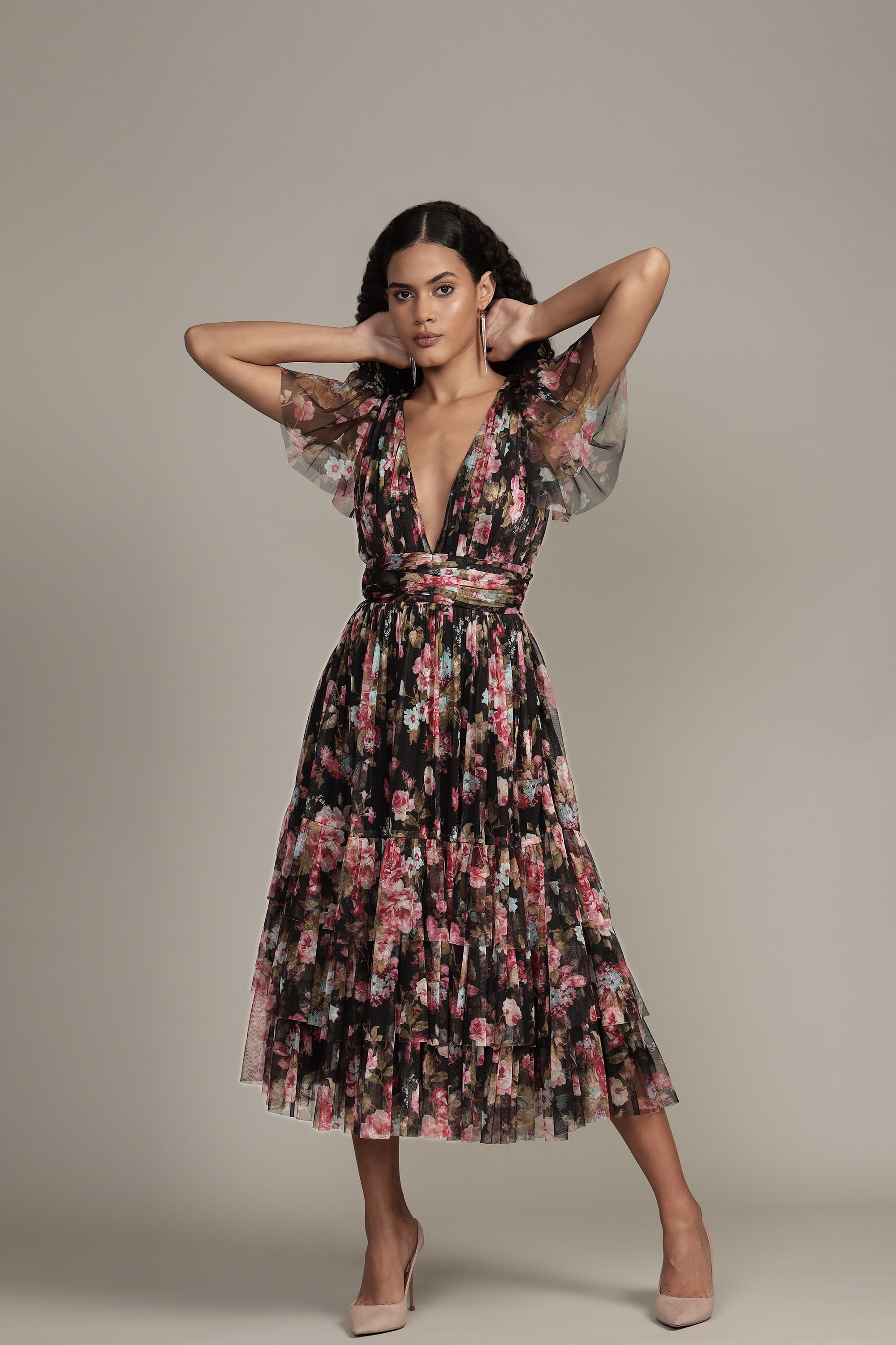 Madison Black Floral Tulle Midi Dress for Women - Elegant A-Line Party Dress for Weddings, Cocktail Parties & Special Occasions