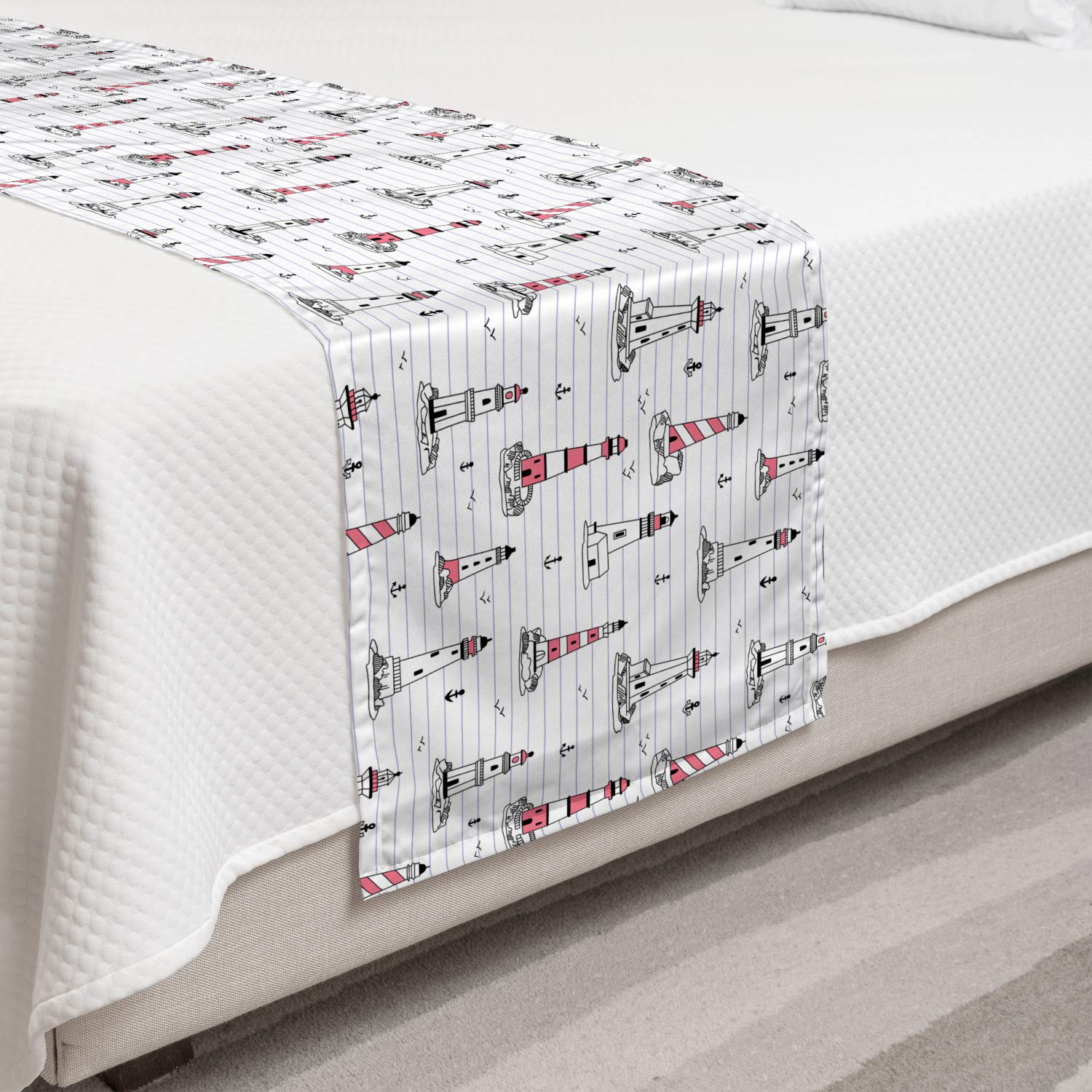 Ambesonne Lighthouse Bed Runner Set - Nautical Themed Notebook Pattern with Seagulls & Anchors Doodle Design - Decorative Bed Scarf & 2 Pillow Shams for Home, Hotel, Bedroom Decor - Pink Lilac Black - Perfect for Coastal, Beach House or Nautical Theme Bedrooms