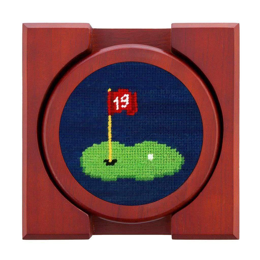Smathers & Branson Classic Navy 19th Hole Needlepoint Coasters - Premium Golf Gift for Men, Perfect for Home Bar, Office & Country Club Decor
