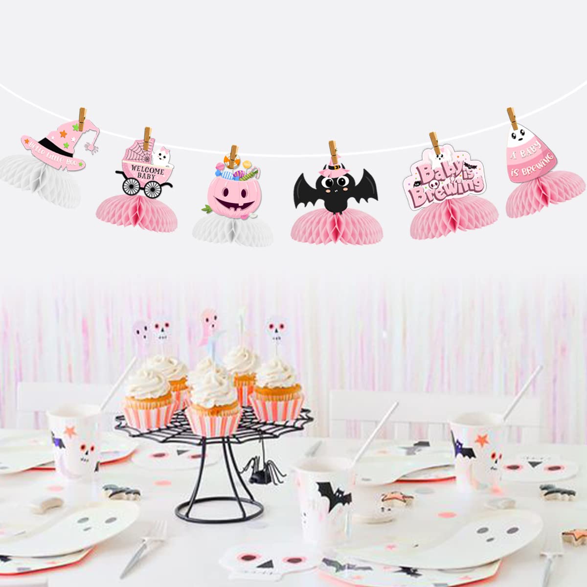 8 Pack Pink Honeycomb Halloween Baby Shower Decorations - 'A Baby is Brewing' Gender Reveal Party Supplies for Pregnancy Celebration, Table Centerpieces & Nursery Decor | Perfect for Baby Shower, Halloween Party & Gender Reveal Events