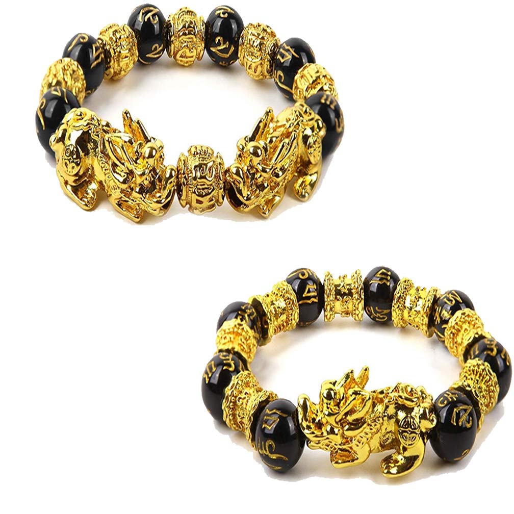 2Pcs Feng Shui Bracelets with Gold Plated Pixiu - Adjustable Black Obsidian Beaded Bracelet for Men & Women - Wealth & Good Luck Amulet - Perfect for Meditation, Protection & Positive Energy