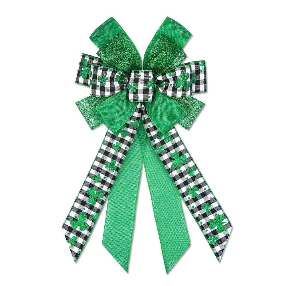 St. Patrick's Day Wreath Bows - Large Buffalo Plaid Burlap Bows with Green Shamrock Design for Holiday Decorations, Wreath Topper & Front Door Decor | Perfect for St. Patrick's Day Party, Home & Irish Themed Events