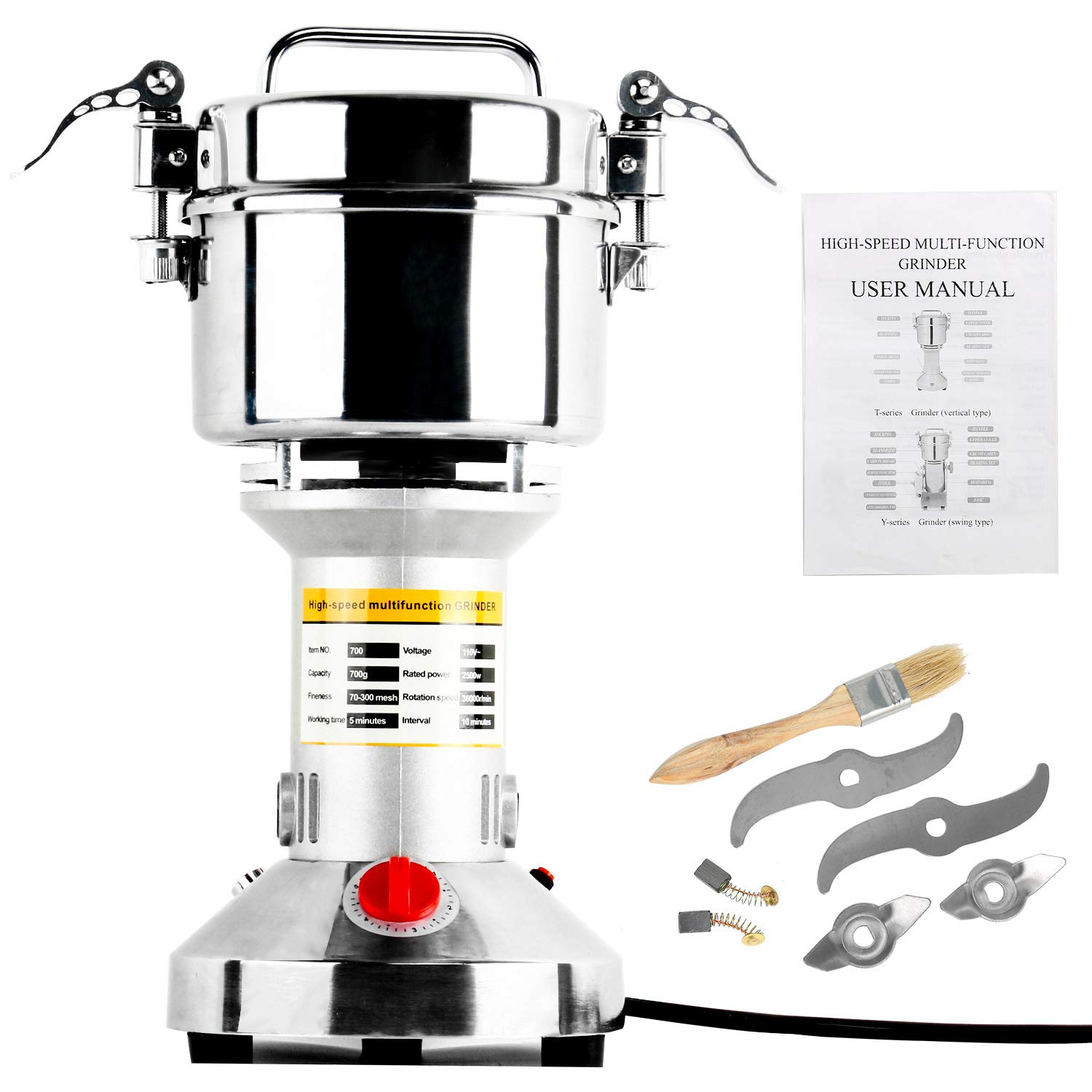 700g Commercial Electric Grain Mill Grinder - 2500W High-Speed Stainless Steel Powder Machine for Spices, Herbs, Pepper & Coffee - 70-300 Mesh, 36000 RPM - Perfect for Home Kitchens, Bakeries & Coffee Shops