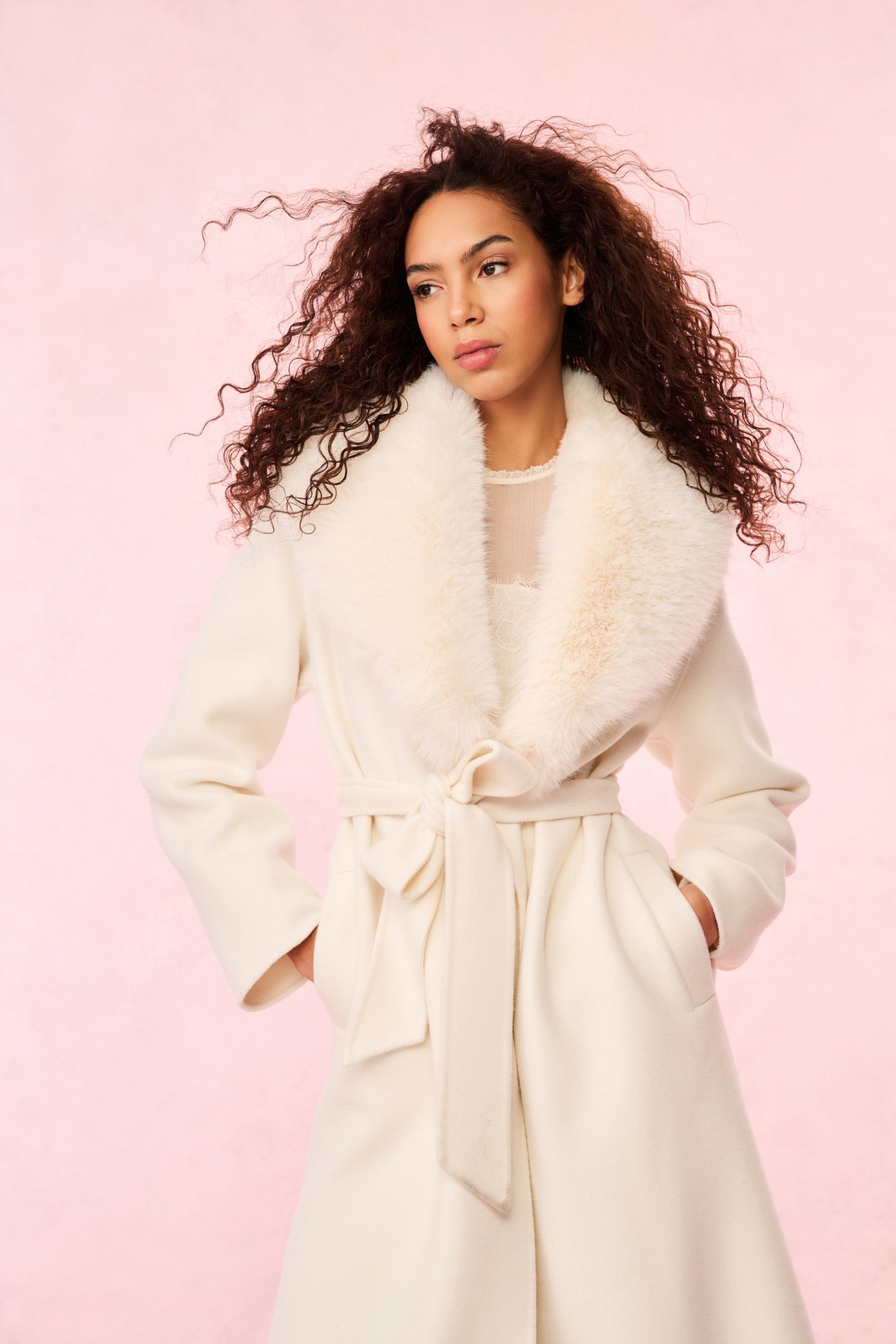 Mahika Women's Wool Cashmere Faux Fur Collar Winter Coat - Oatmeal Color | Warm & Stylish Outerwear for Fall, Winter & Holiday Season
