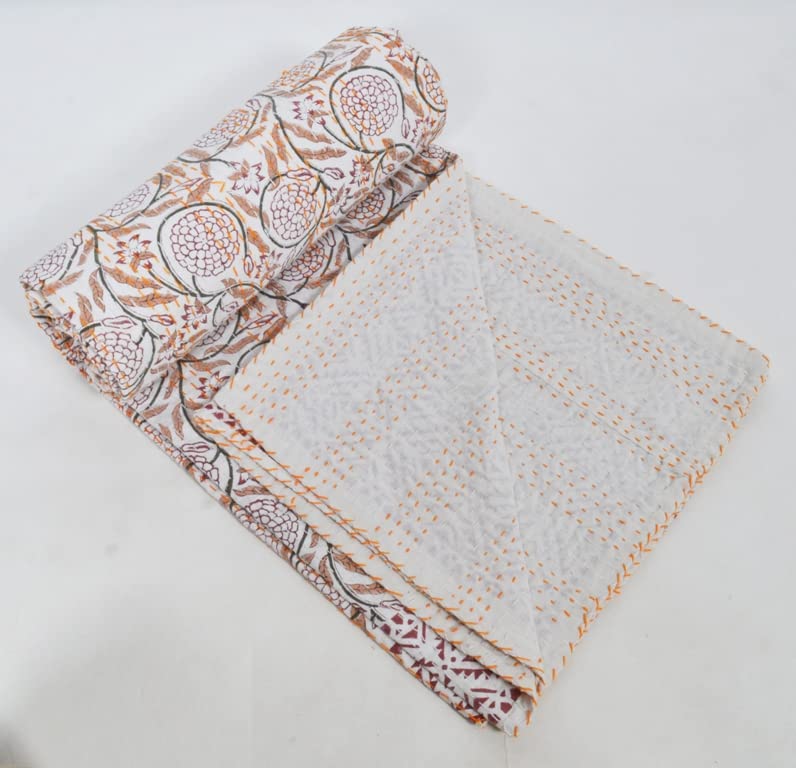 YUVANCRAFTS Indian Hand Block Print Cotton Kantha Quilt - Queen Size 90x108 Inch Brown Throw Blanket & Bedspread for Home Decor, Boho Bedroom, Cozy Living Room