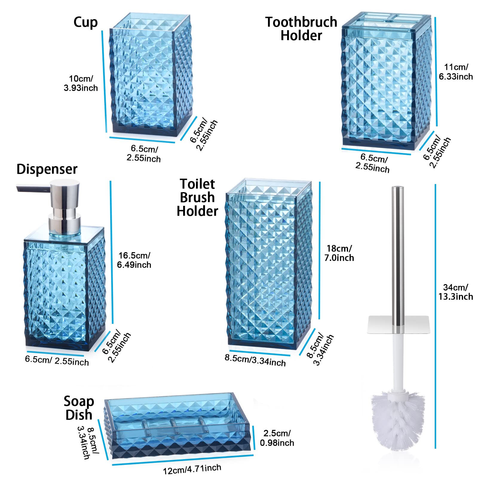 6-Piece Acrylic Bathroom Accessories Set - Toothbrush Holder, Cup, Soap Dispenser, Toilet Brush with Holder & Soap Dish | Modern Bathroom Decor | Housewarming Gift (Blue) | Perfect for Guest Bathrooms, Apartments & Home Renovations
