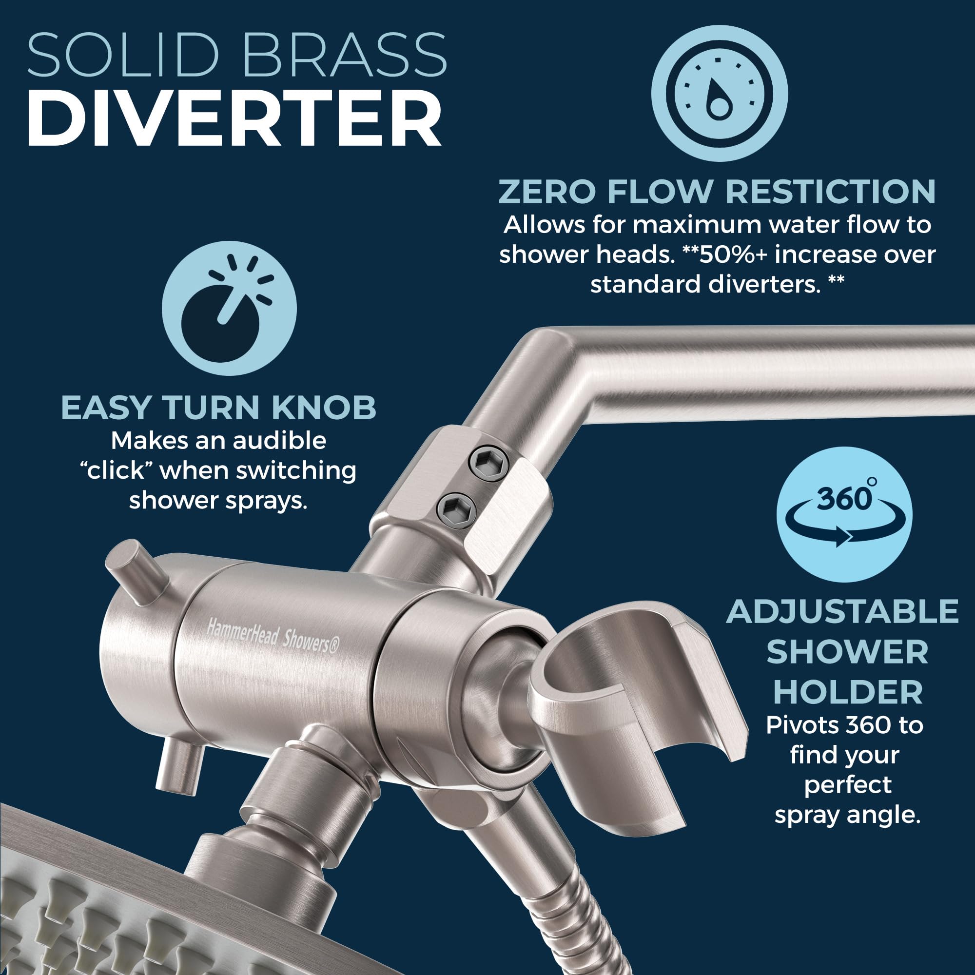 HammerHead Showers® All Metal Dual Shower Head Combo - Brushed Nickel - 8 Inch Rainfall High Flow Shower Head & 3-Setting Handheld Shower with 6ft Hose - High Pressure Luxury Bathroom Upgrade for Spa-Like Experience