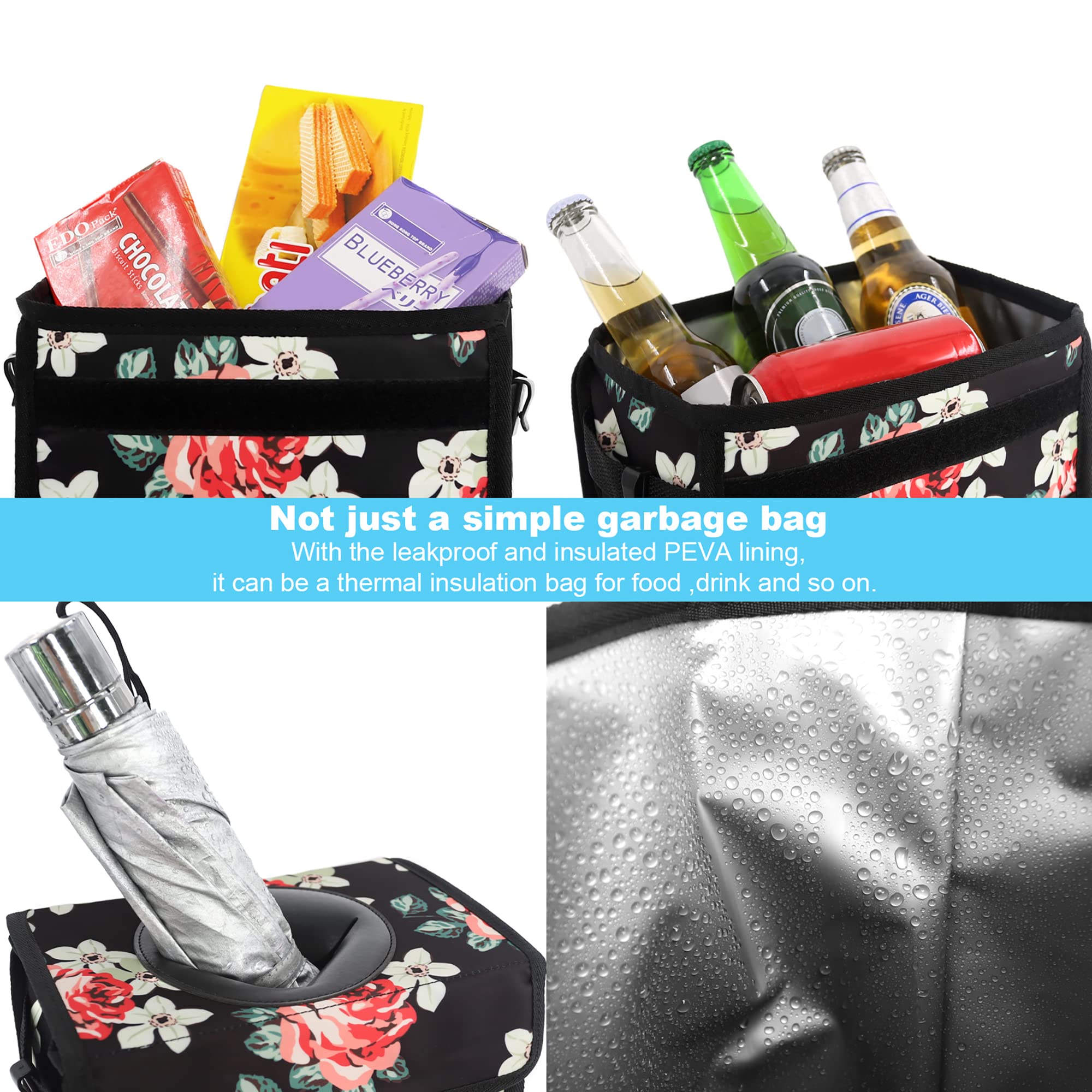 Leak Proof Car Trash Can with Lid - Waterproof Hanging Garbage Bag for SUV & Front Seat, Collapsible & Portable Car Trash Bin with Storage Mesh Pocket (Large/Flower) - Perfect for Road Trips, Commuting & Keeping Your Vehicle Clean