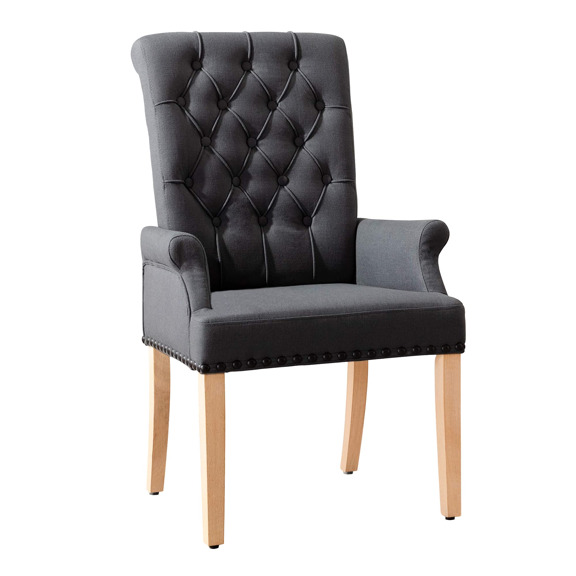 LOULENS Fabric Dining Chairs - Upholstered Tufted Armrest Accent Chairs with Nailhead Trim & Solid Wood Legs - Dark Grey Home Kitchen Living Room Furniture for Dining, Entertaining & Relaxation
