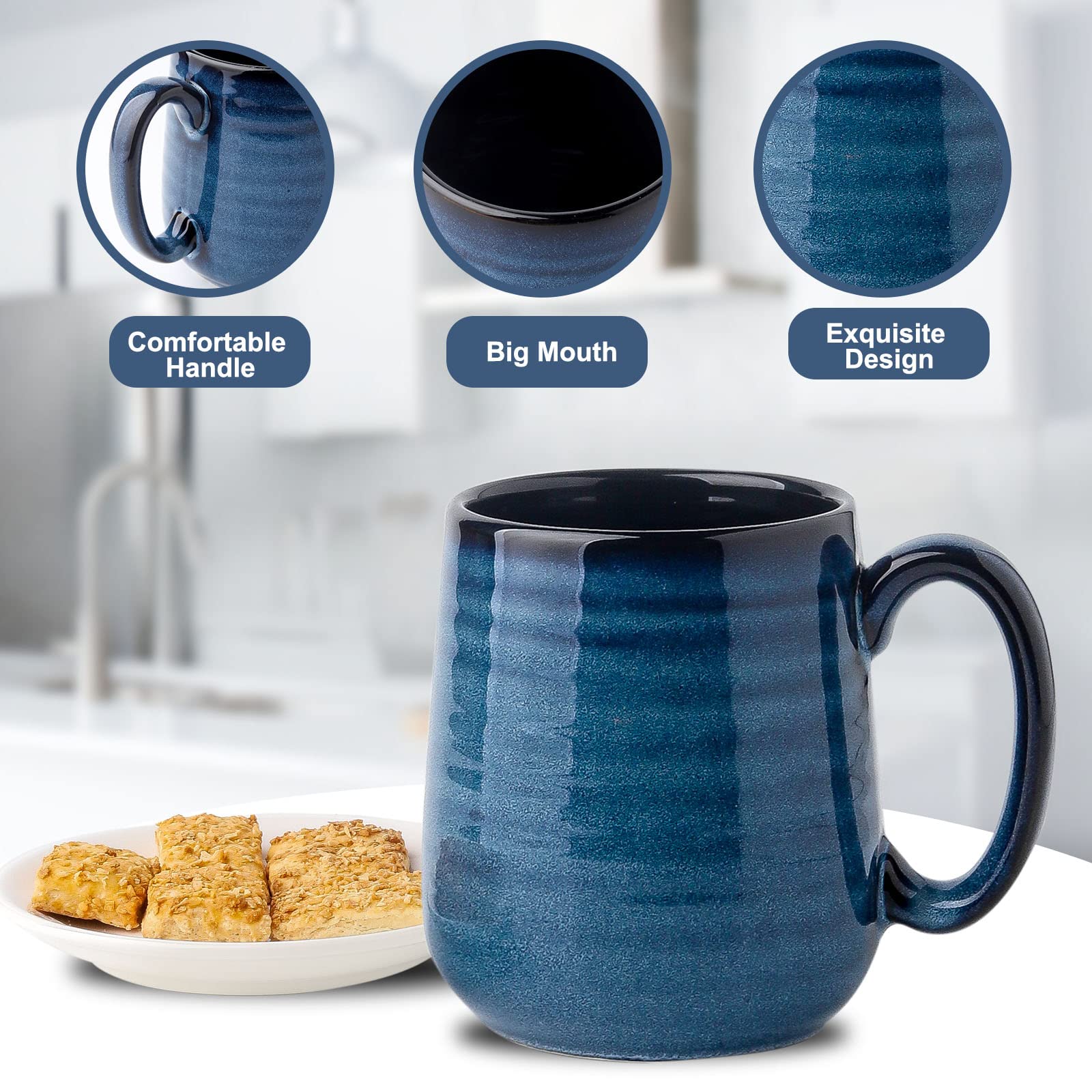 Hasense 12oz Ceramic Coffee Mugs Set of 6 - Blue Handled Tea Cups for Coffee, Tea & Cocoa - Dishwasher & Microwave Safe - Perfect for Home, Office & Gifts