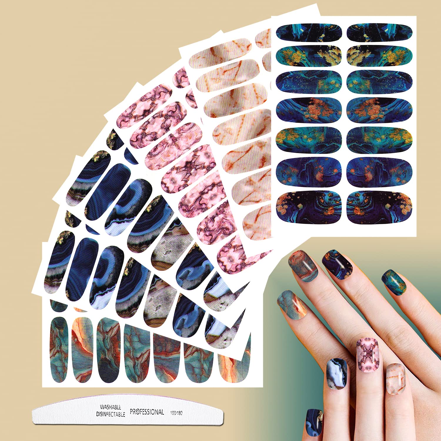 JERCLITY 20 Sheets Marble Nail Polish Strips - Watercolor Nail Stickers with Nail File, Self-Adhesive Full Nail Wraps for Women, DIY Manicure Kit for Home & Salon Nail Art | Perfect for Parties, Weddings, and Everyday Wear