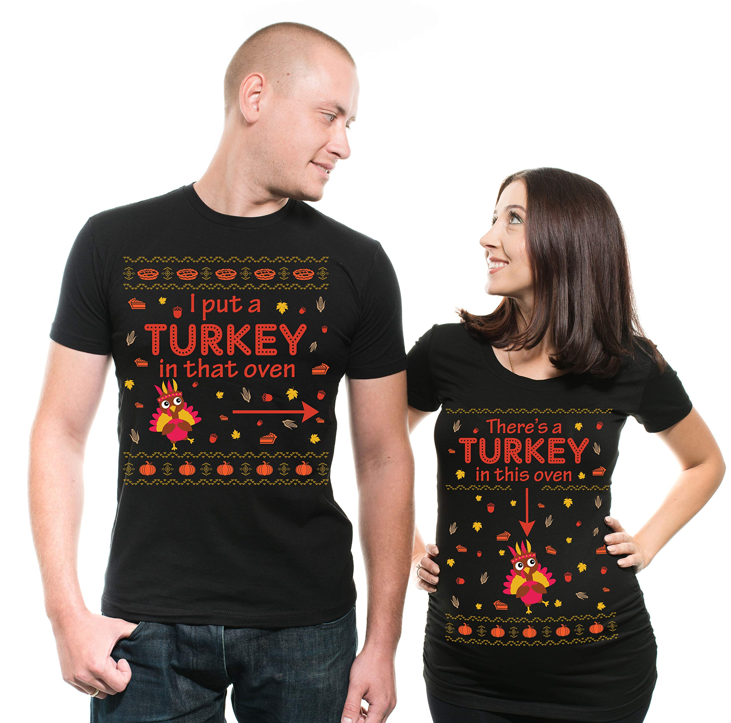 Funny Thanksgiving Turkey in The Oven Maternity Shirts for Mom & Dad - Perfect for Couples Pregnancy Announcement and Holiday Family Photos