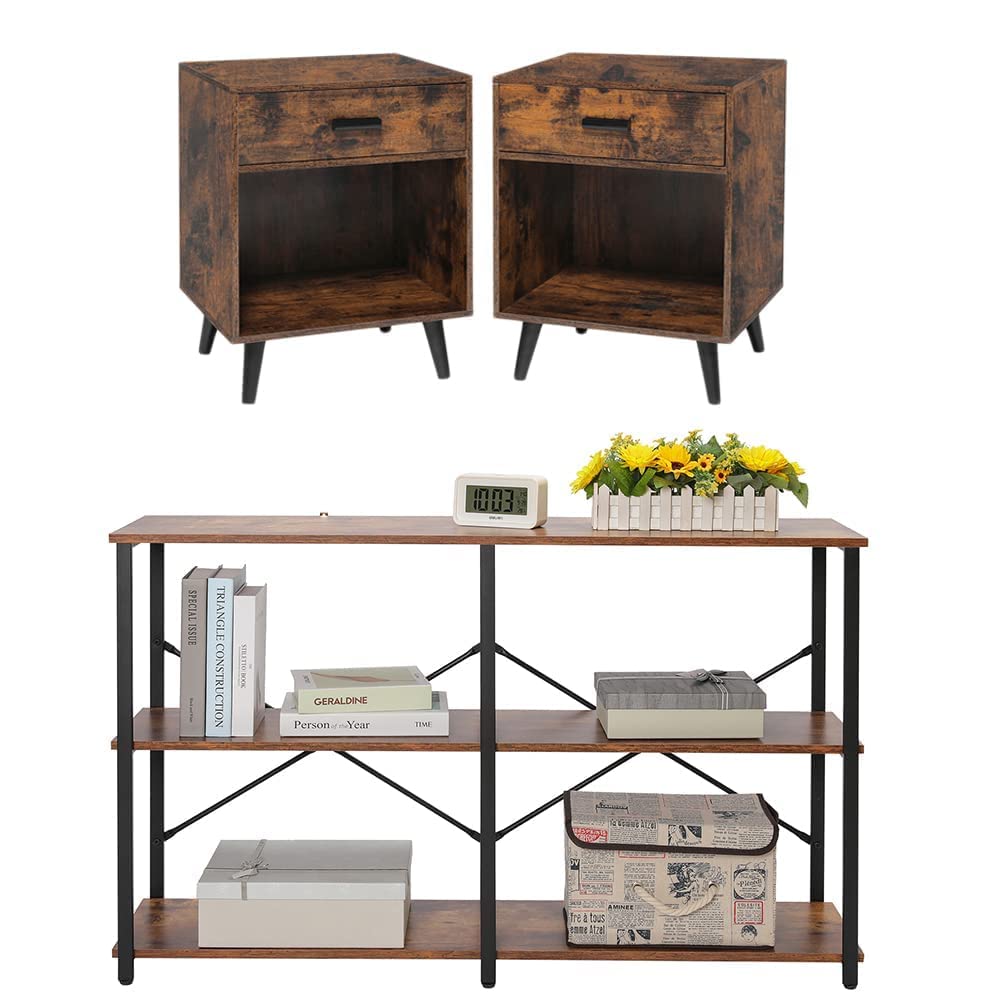 IWELL 2-Piece Nightstand Set & Console Sofa Table - Rustic Brown TV Stand, Narrow Space Accent Table for Bedroom, Living Room, Study | Perfect for Small Spaces, Apartment Decor, and Home Office Organization