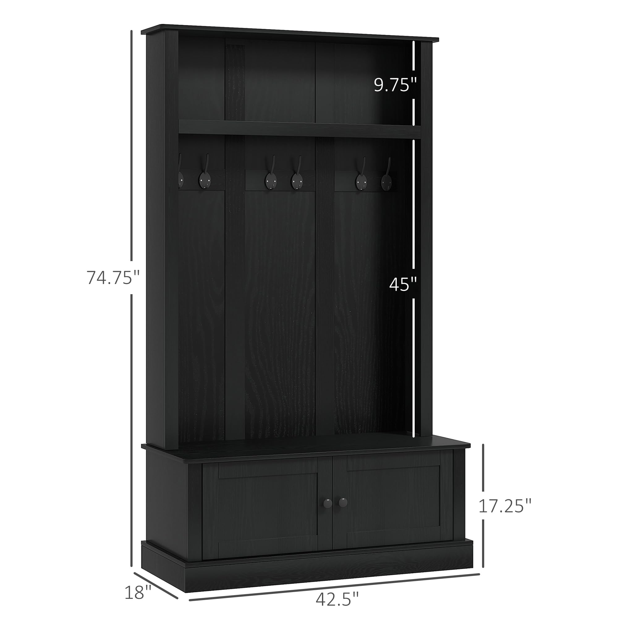 HOMCOM Entryway Bench with Storage & Hooks - Hall Tree Coat Rack, Shoe Storage Cabinet & Shelf - Sturdy Mudroom Bench for Hallway, Living Room & Entryway Organization - Black