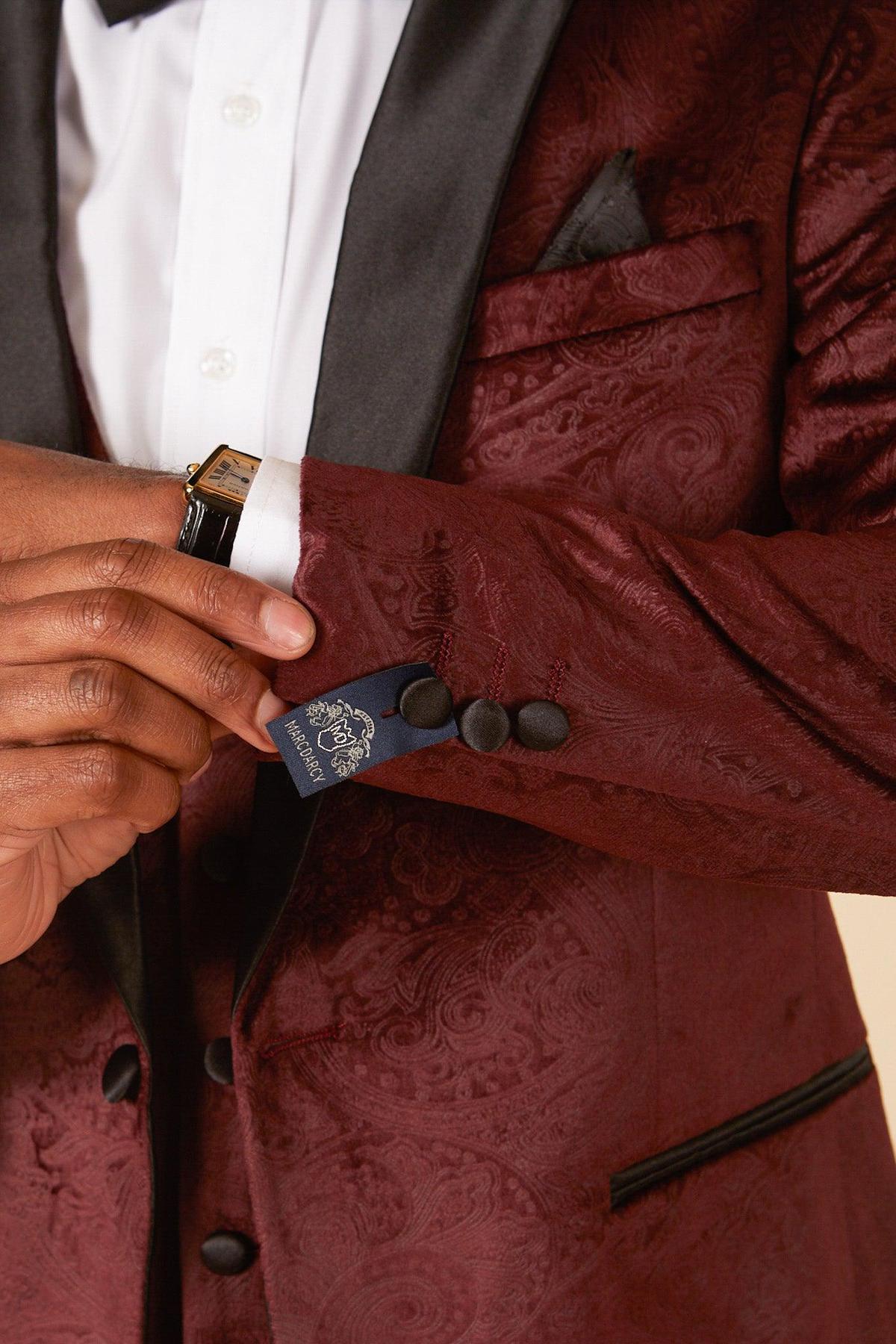 SIMON Velvet Wine Tux Lapel Jacquard Blazer for Men - Elegant Formal Dinner Jacket for Weddings, Parties & Special Occasions