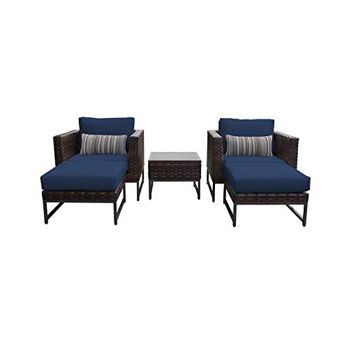 TK Classics Amalfi 5-Piece Wicker Patio Furniture Set in Brown and Navy - Perfect for Outdoor Dining, Lounging, and Entertaining on Your Deck, Porch, or Garden